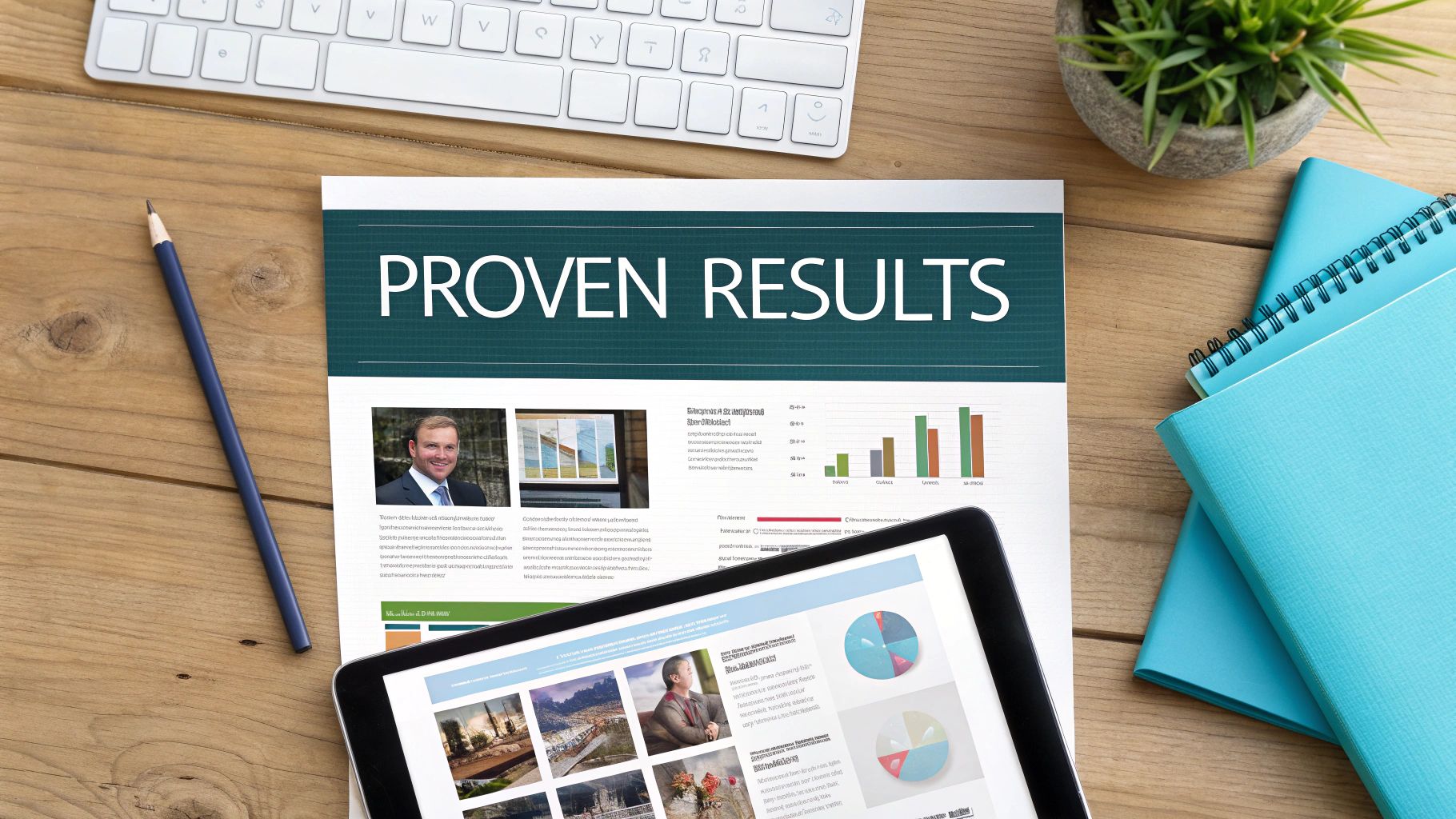 Overhead view of a desk with a 'Proven Results' report, tablet, keyboard, and notebooks.