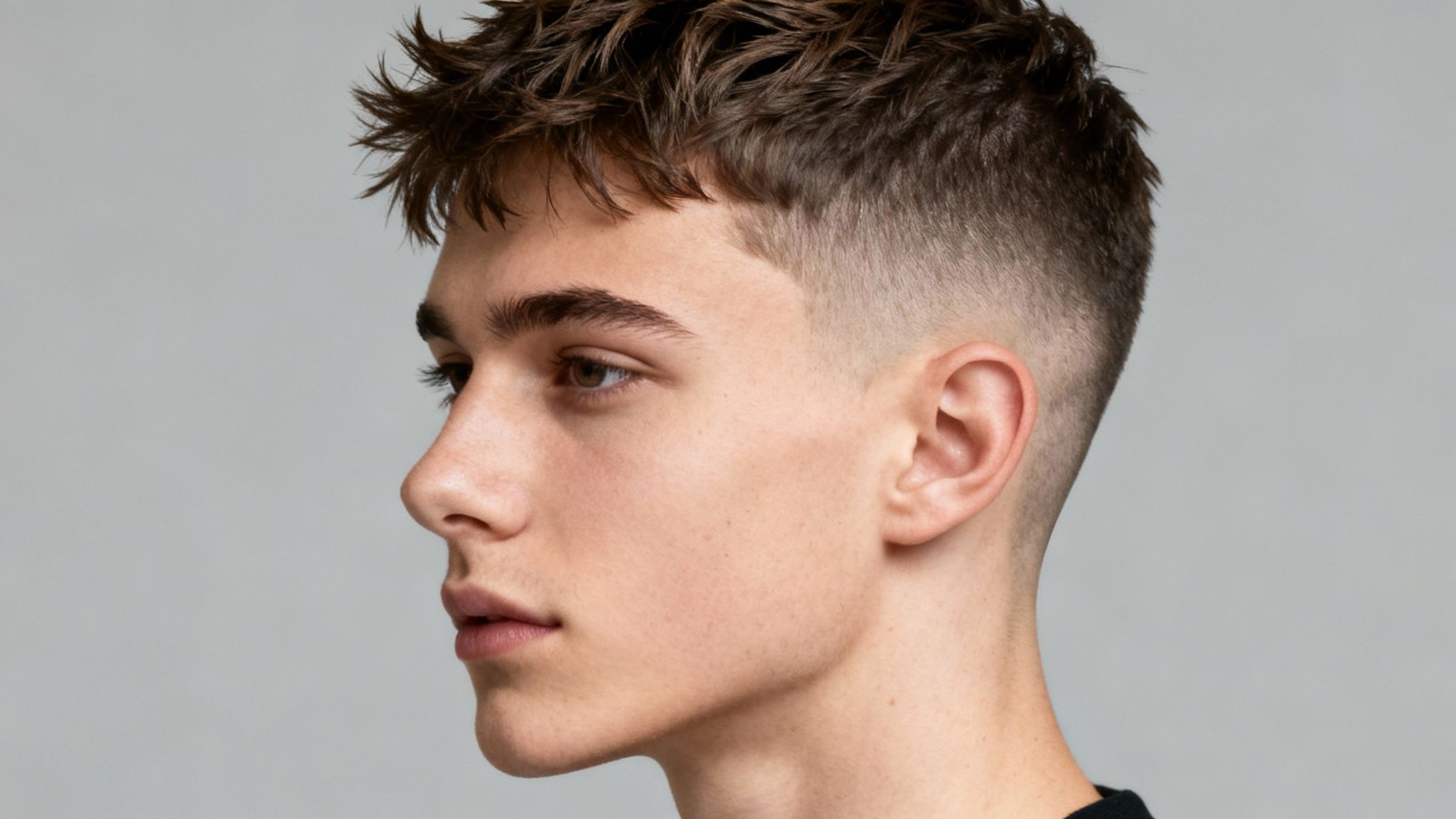 Side profile of a young man showcasing a trendy textured crew cut with a faded side.