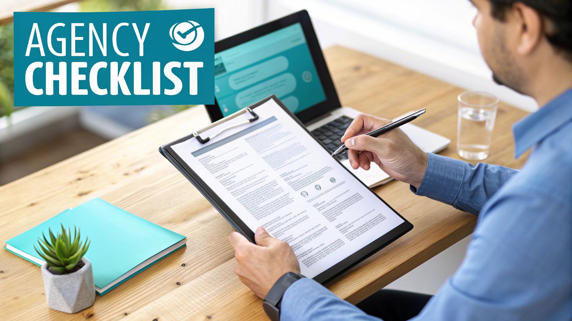 A man reviews an 'AGENCY CHECKLIST' document on a clipboard at a desk with a laptop.