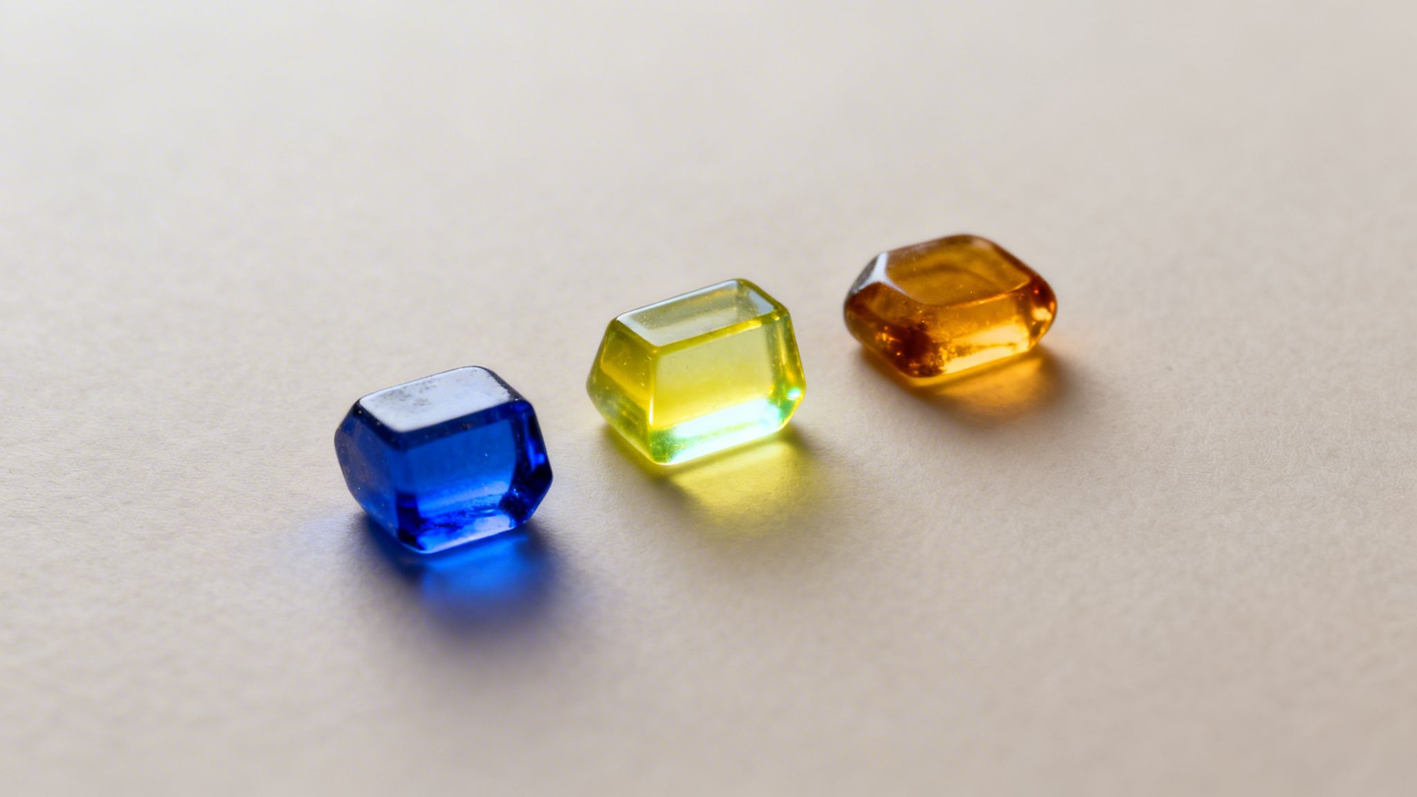 Close-up of three faceted glass items: blue, greenish-yellow, and amber, arranged on a smooth surface.