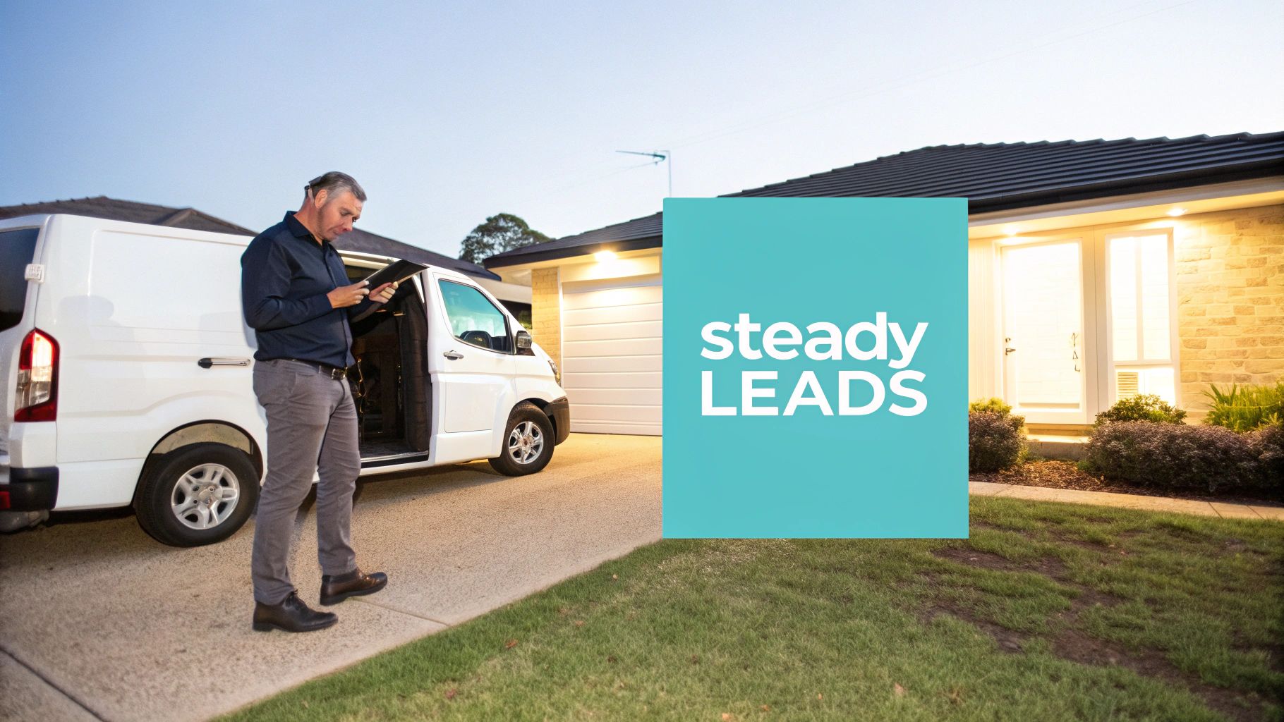 A male tradie checks his tablet next to a white van outside a house at dusk, with a 'steady LEADS' overlay.