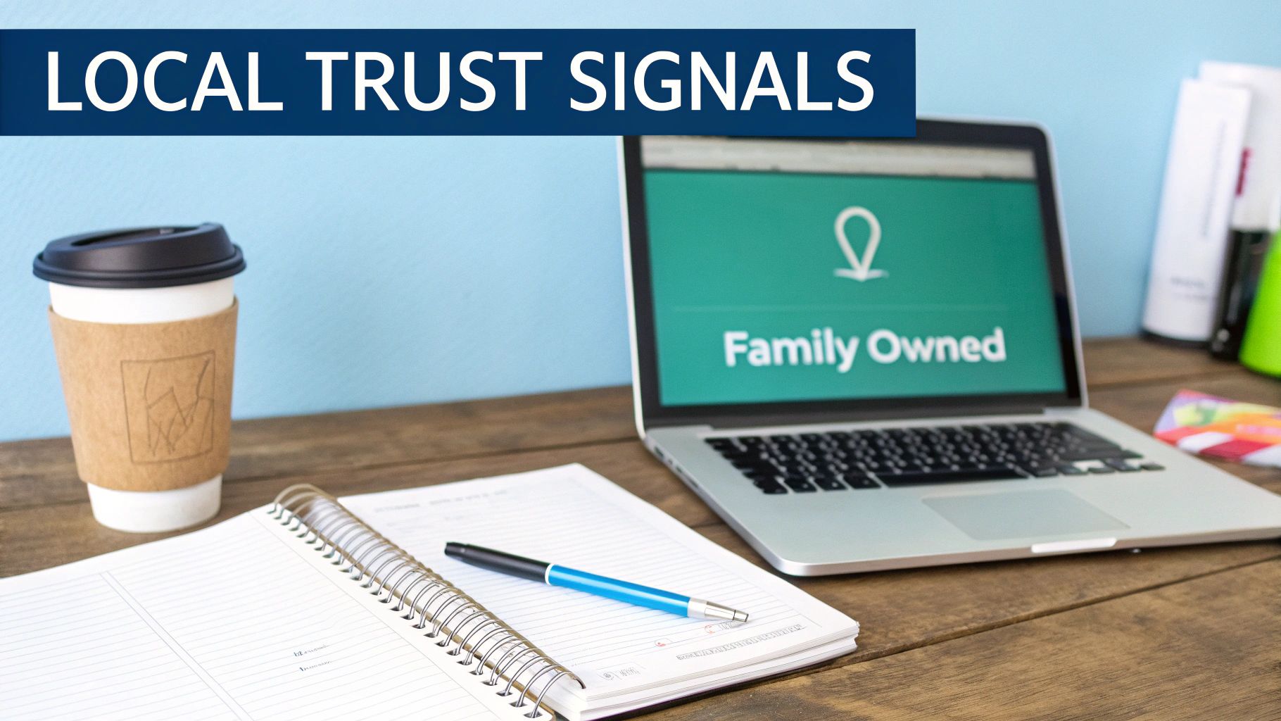 A laptop screen displaying 'Family Owned' next to a coffee cup, notebook, and pen, with 'LOCAL TRUST SIGNALS' overlay.