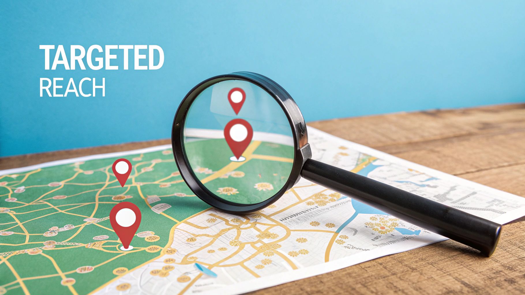 A magnifying glass over a map with red location pins, illustrating targeted reach concept.