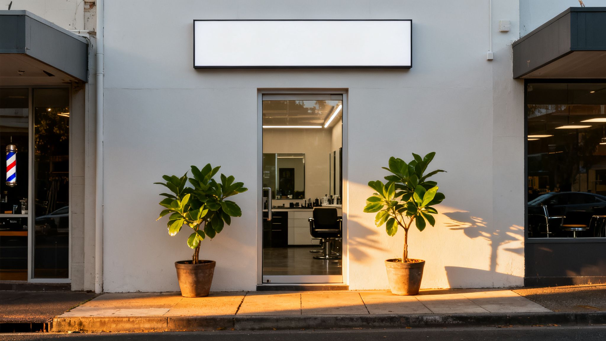 Exterior view of a barbershop with a blank sign, two potted plants, and a barber pole, bathed in golden hour light.