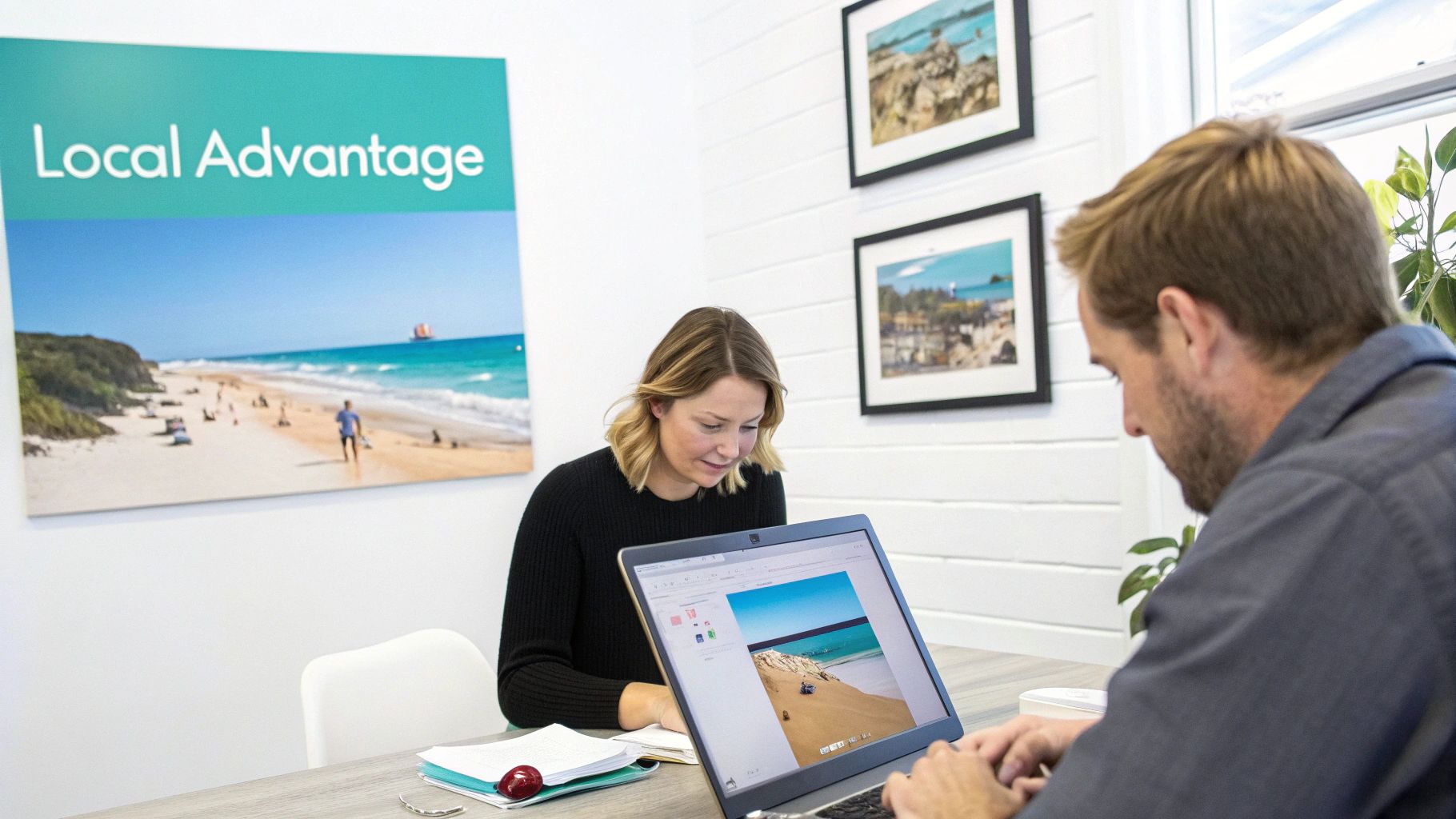 Two people working on laptops in an office, with a 'Local Advantage' beach poster in the background.