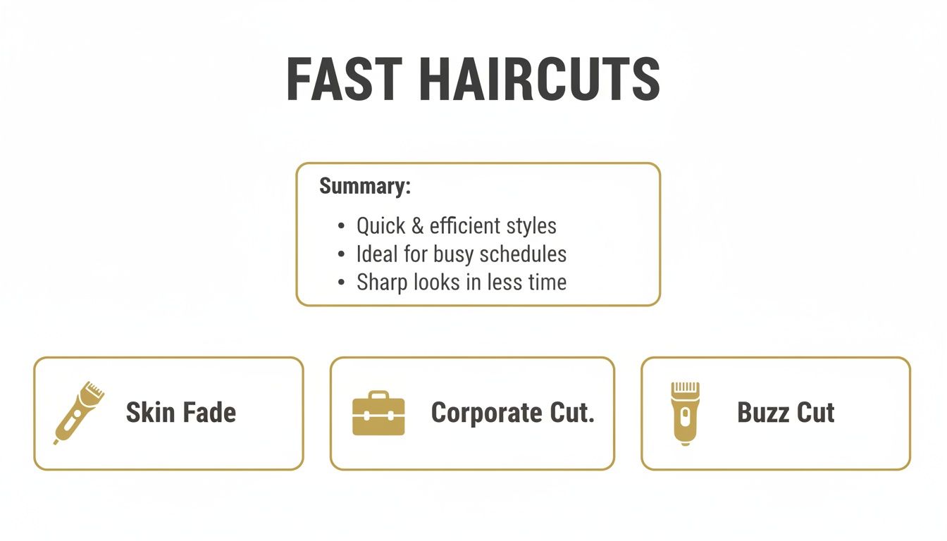 An infographic detailing fast haircuts including skin fade, corporate cut, and buzz cut, with a summary of benefits.
