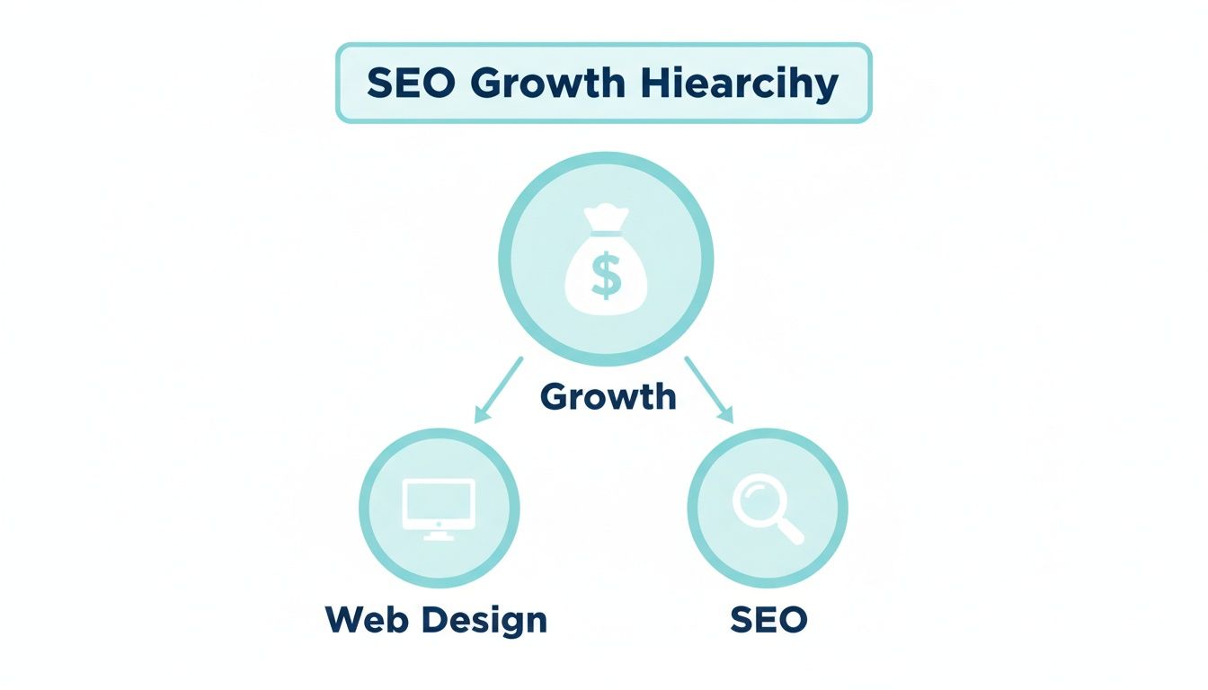 A diagram illustrating the SEO growth hierarchy, showing growth leading to web design and SEO.