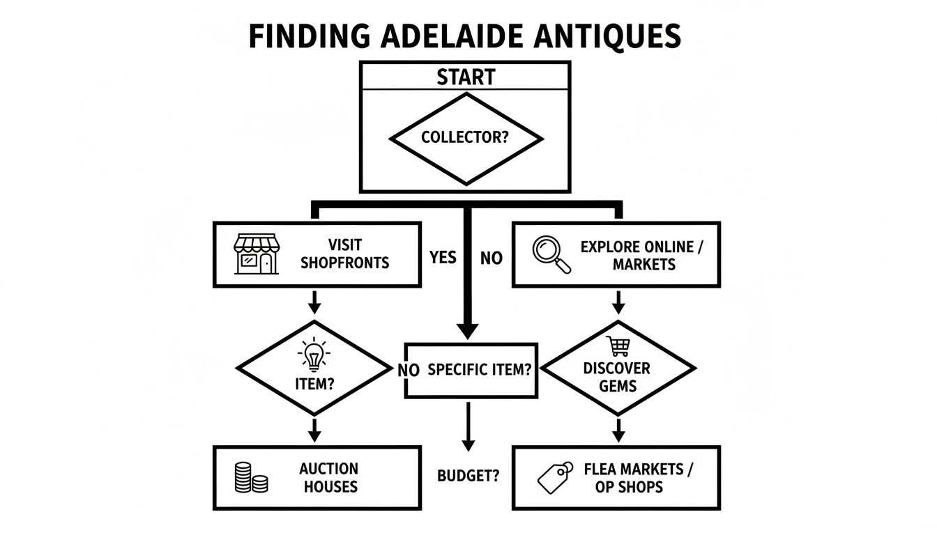 Flowchart illustrating steps for finding Adelaide antiques, considering collector status, specific items, and budget.