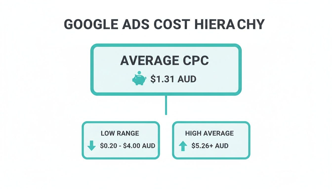 Google Ads cost hierarchy diagram showing average CPC of $1.31 AUD, with low and high ranges.