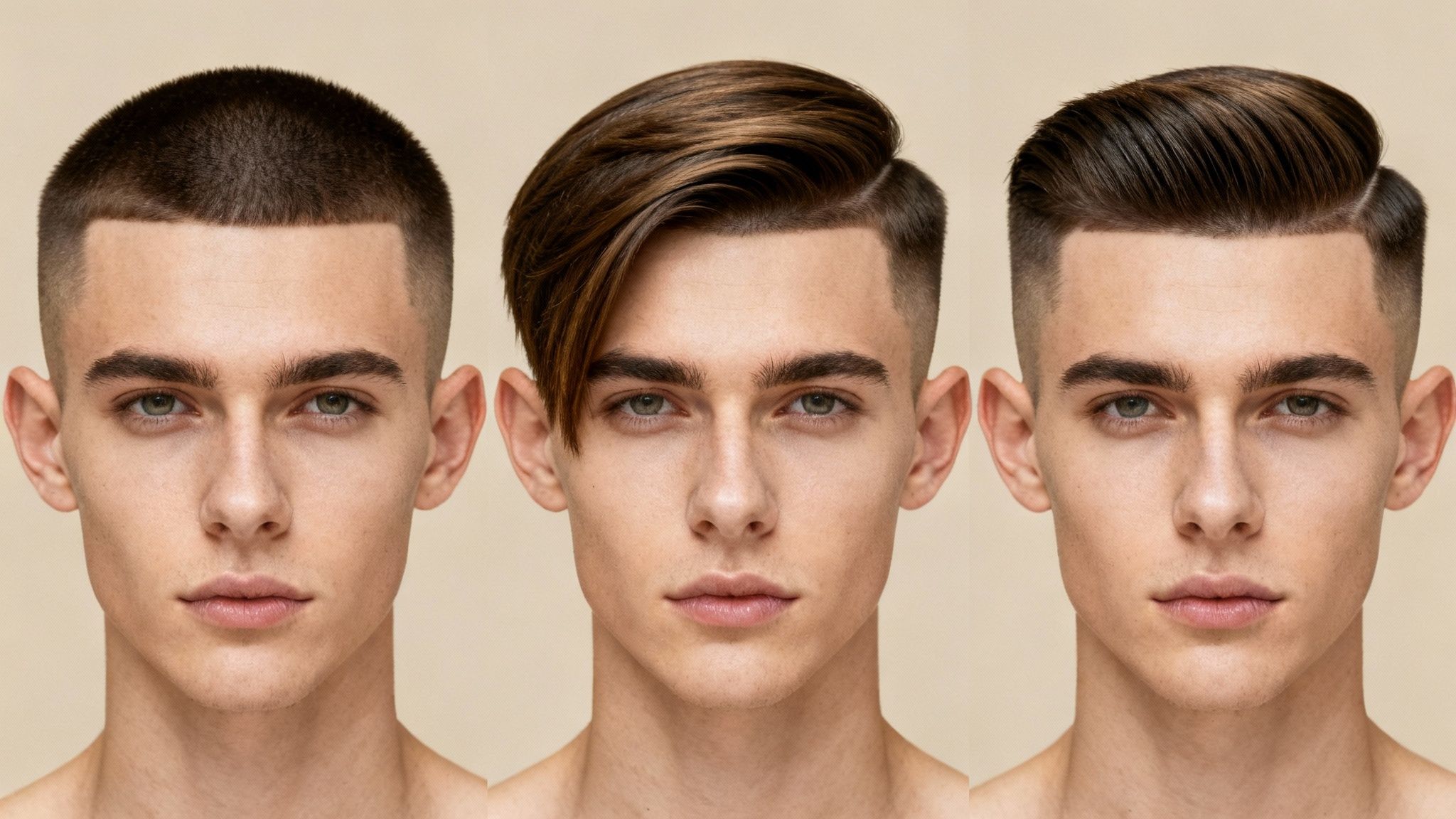 Three detailed images of a man showcasing different modern fade hairstyles, including a buzz cut and slick back.