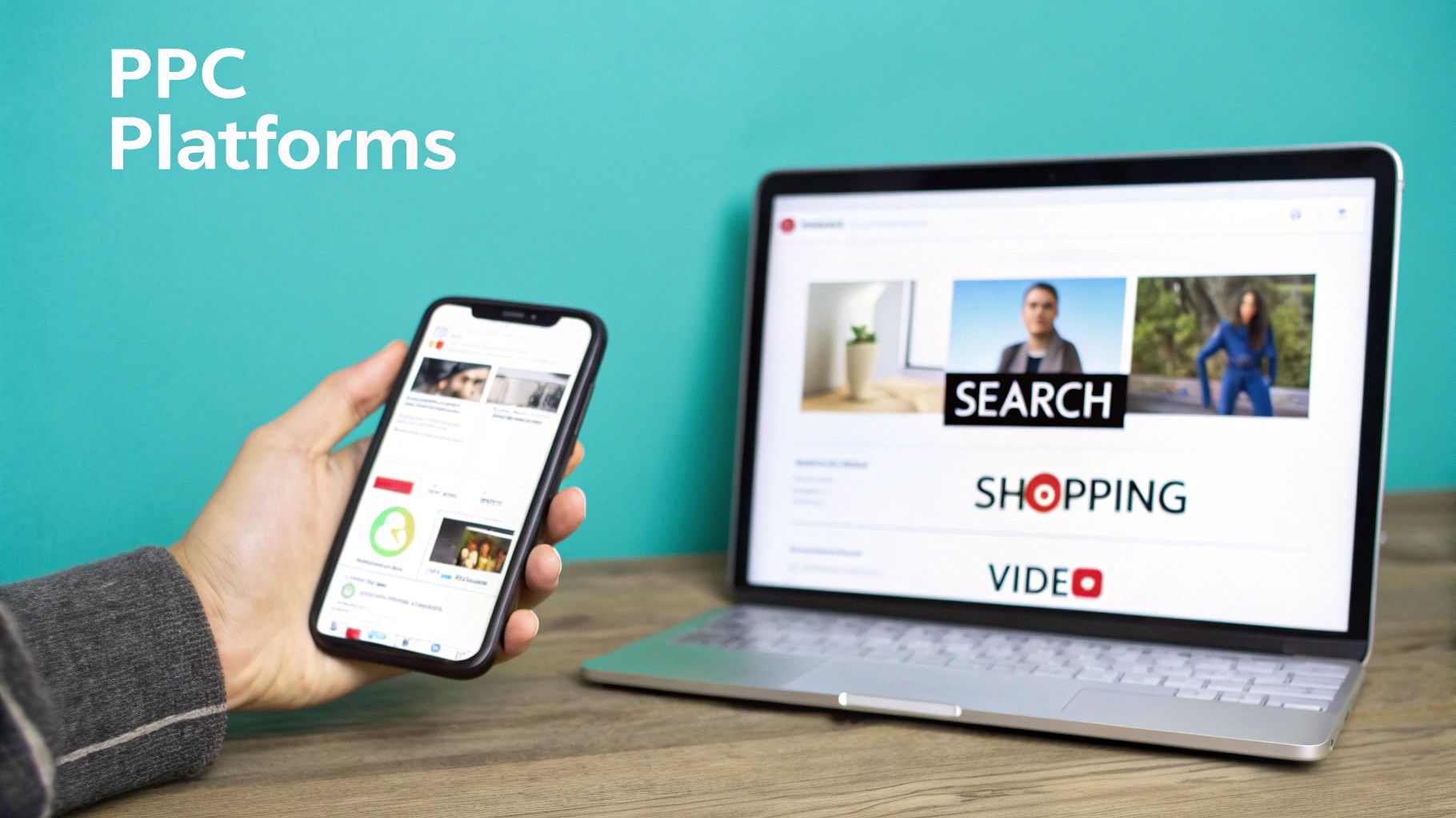 A person holds a smartphone next to a laptop displaying 'SEARCH', 'SHOPPING', 'VIDEO', illustrating PPC platforms.