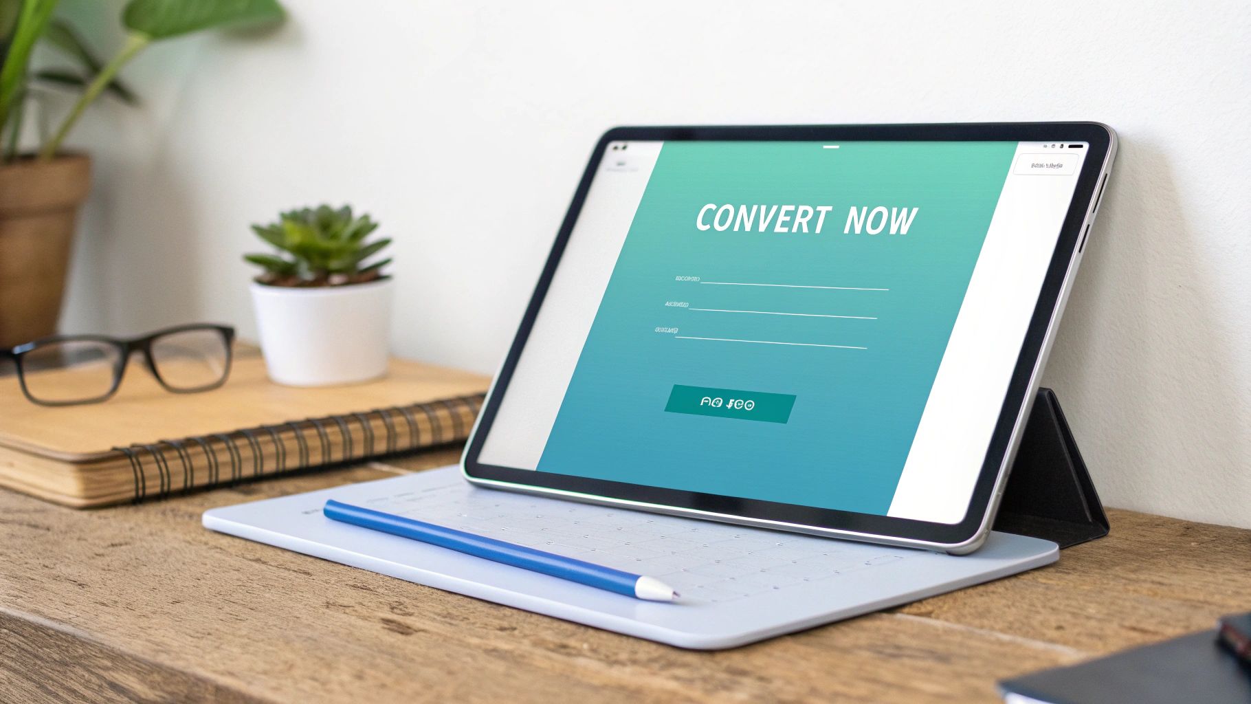 Modern workspace with a tablet displaying a 'Convert Now' app, stylus, and plants.