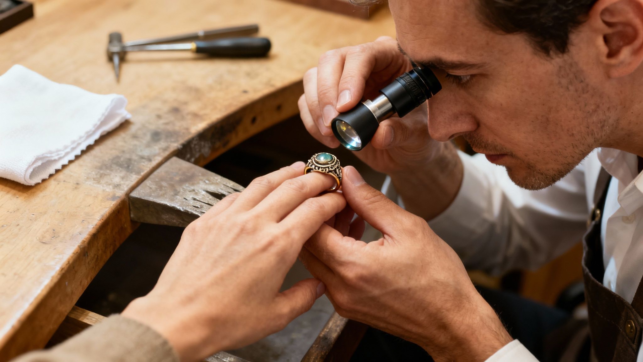 Jewellery valuer inspecting a ring with a loupe in a workshop setting, emphasizing the detailed assessment process for free jewellery valuations at Cavalier Antiques and Restorations.