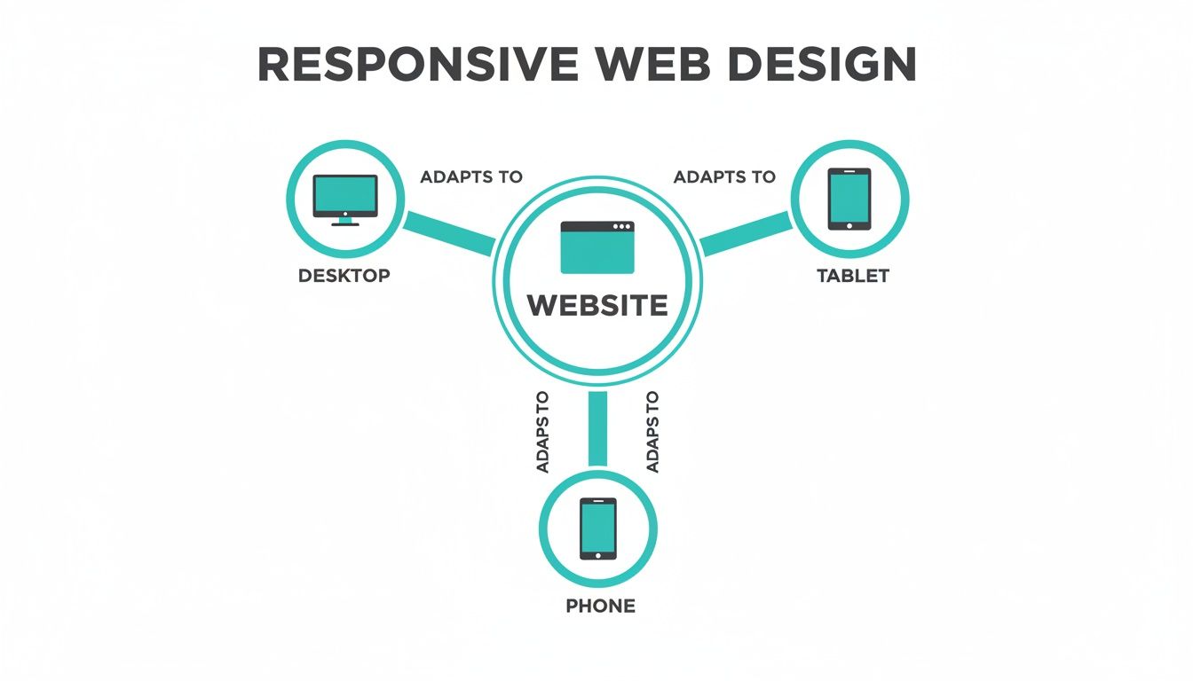 Diagram showing how a responsive website adapts to different devices like desktop, tablet, and phone screens.