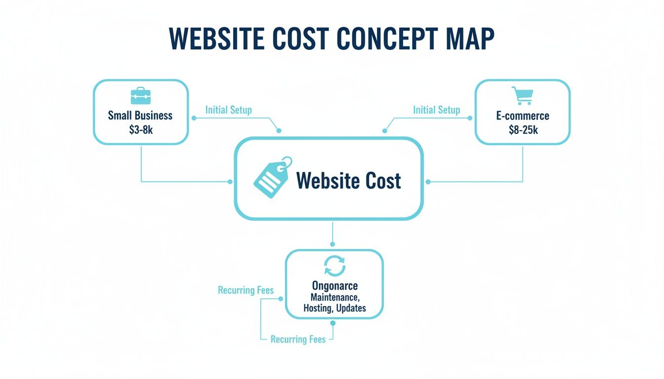 A concept map illustrating website costs, including initial setup for small businesses and e-commerce, and recurring fees.