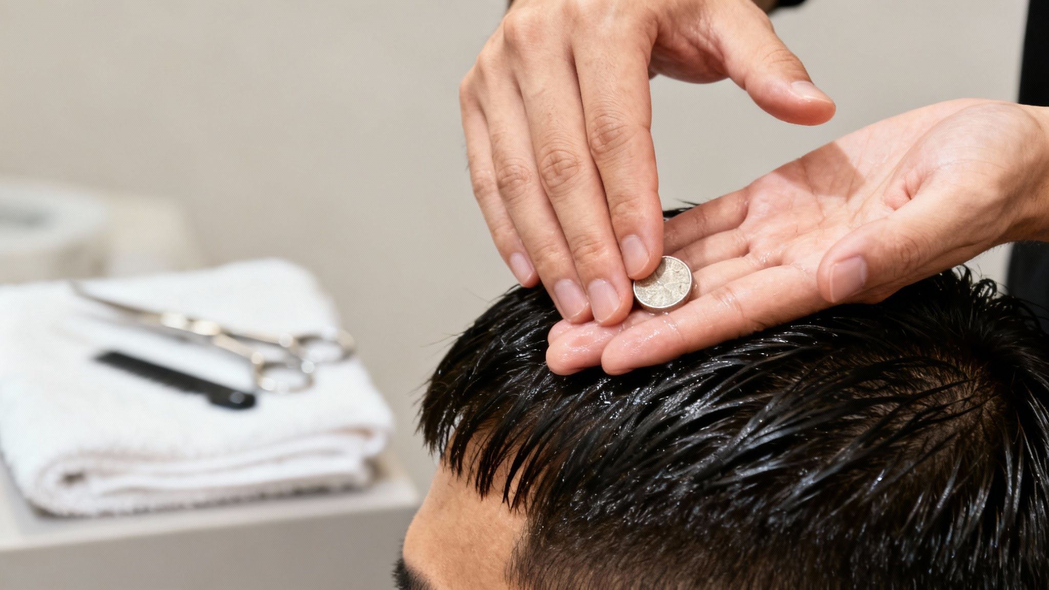 Close-up of a person's hands applying a coin-sized amount of product to wet dark hair.