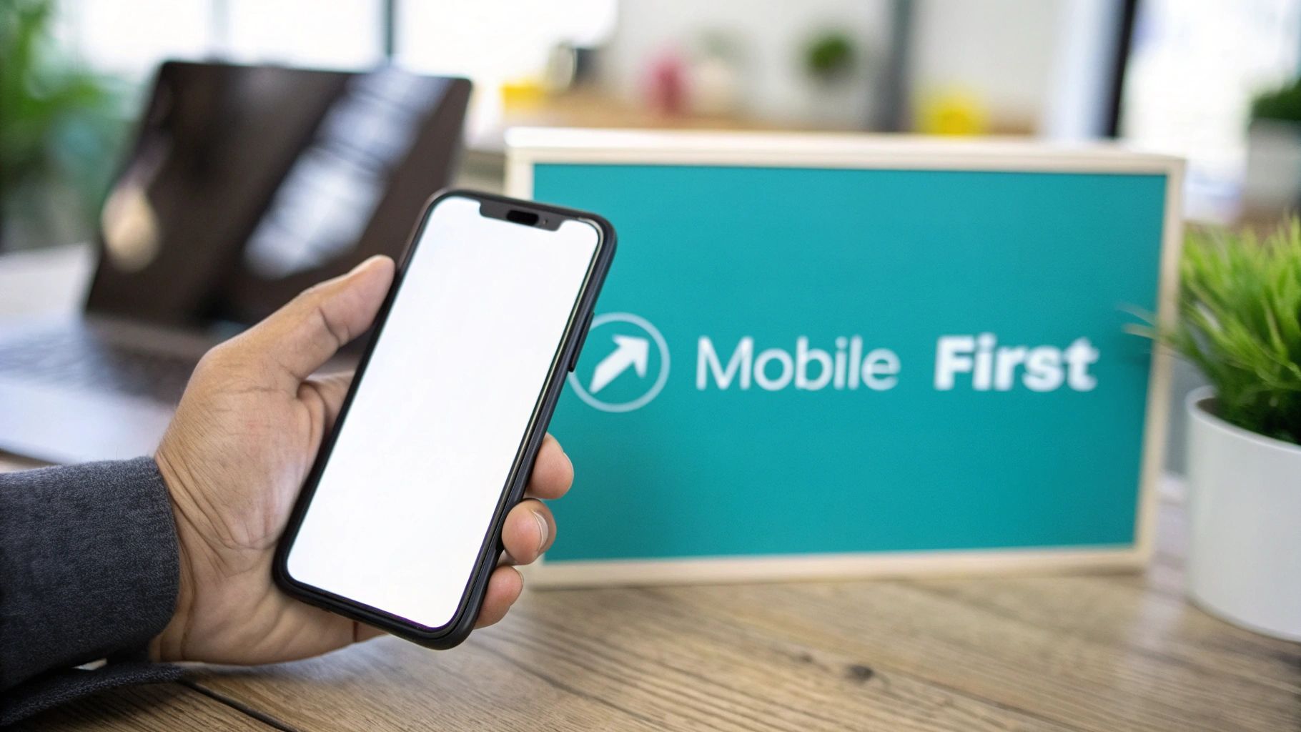 A hand holds a smartphone with a blank screen, next to a 'Mobile First' sign.