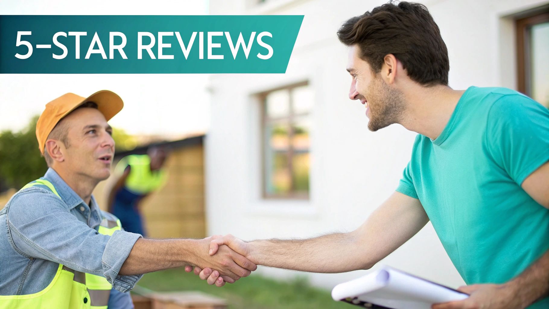 A construction worker in safety vest shaking hands with a happy customer under '5-STAR REVIEWS'.