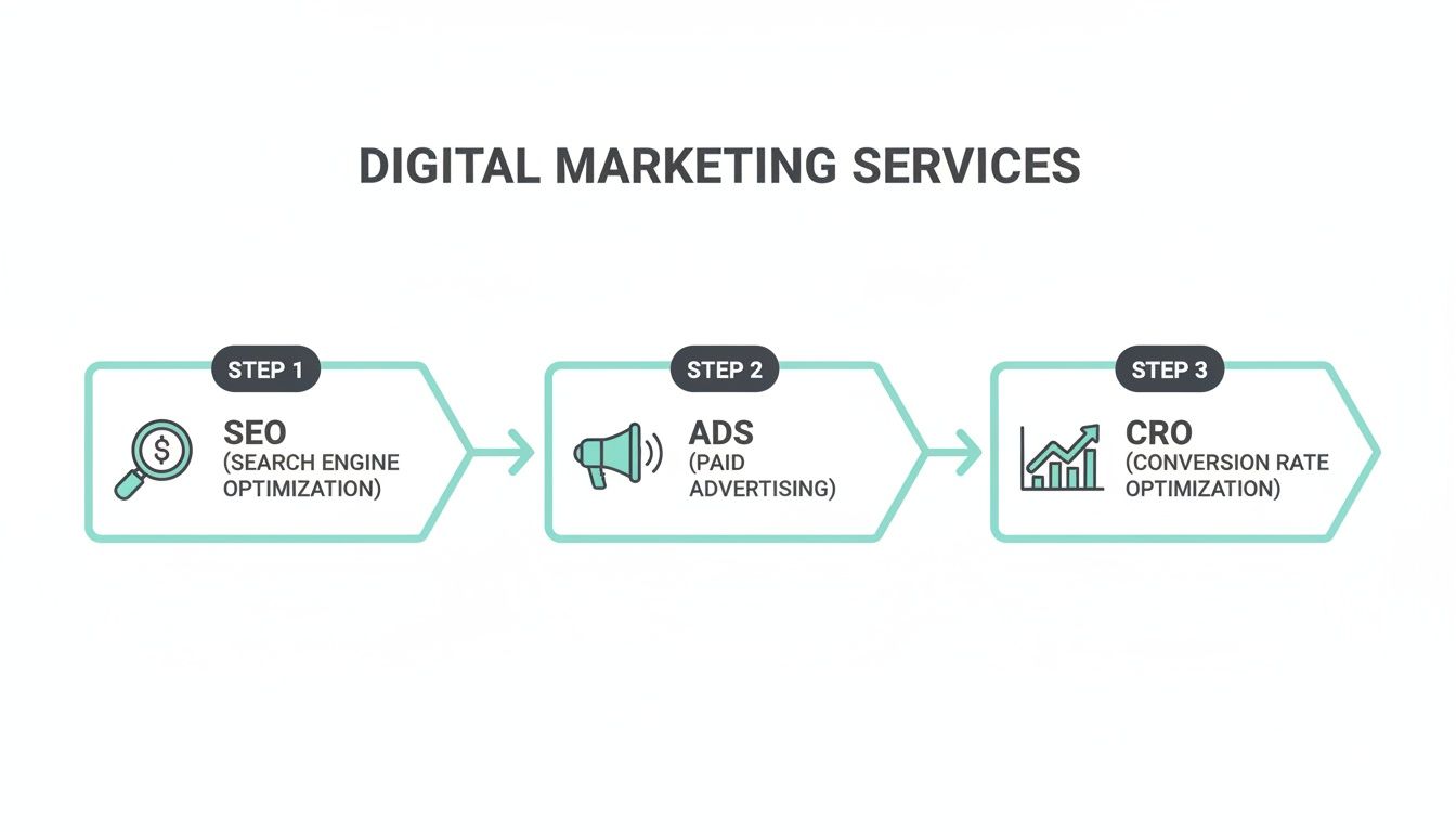 A flowchart outlining three digital marketing services: SEO, Ads, and CRO.