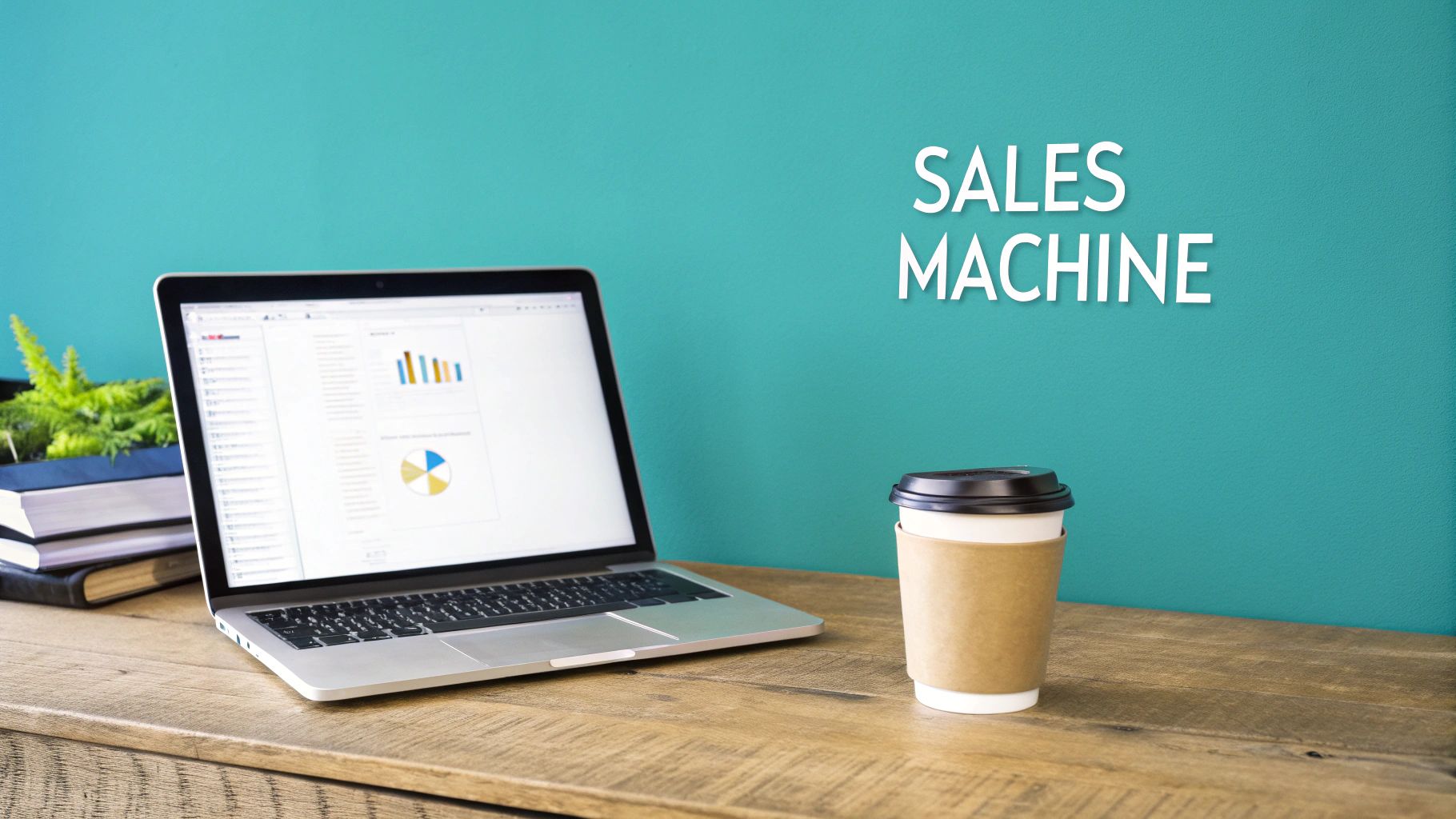 A focused workspace with a laptop displaying sales performance data, a coffee cup, and a 'SALES MACHINE' sign on a teal wall.