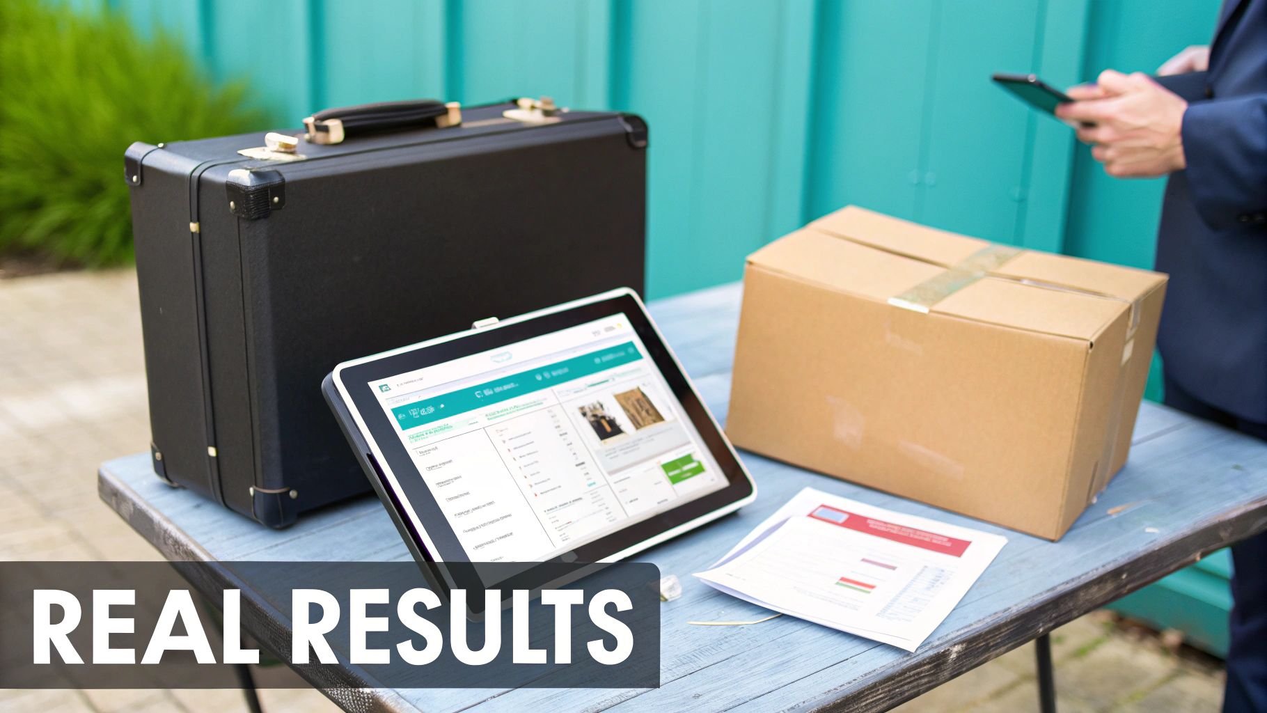 A business setup with a briefcase, tablet showing ads, a shipping box, and a person using a smartphone.