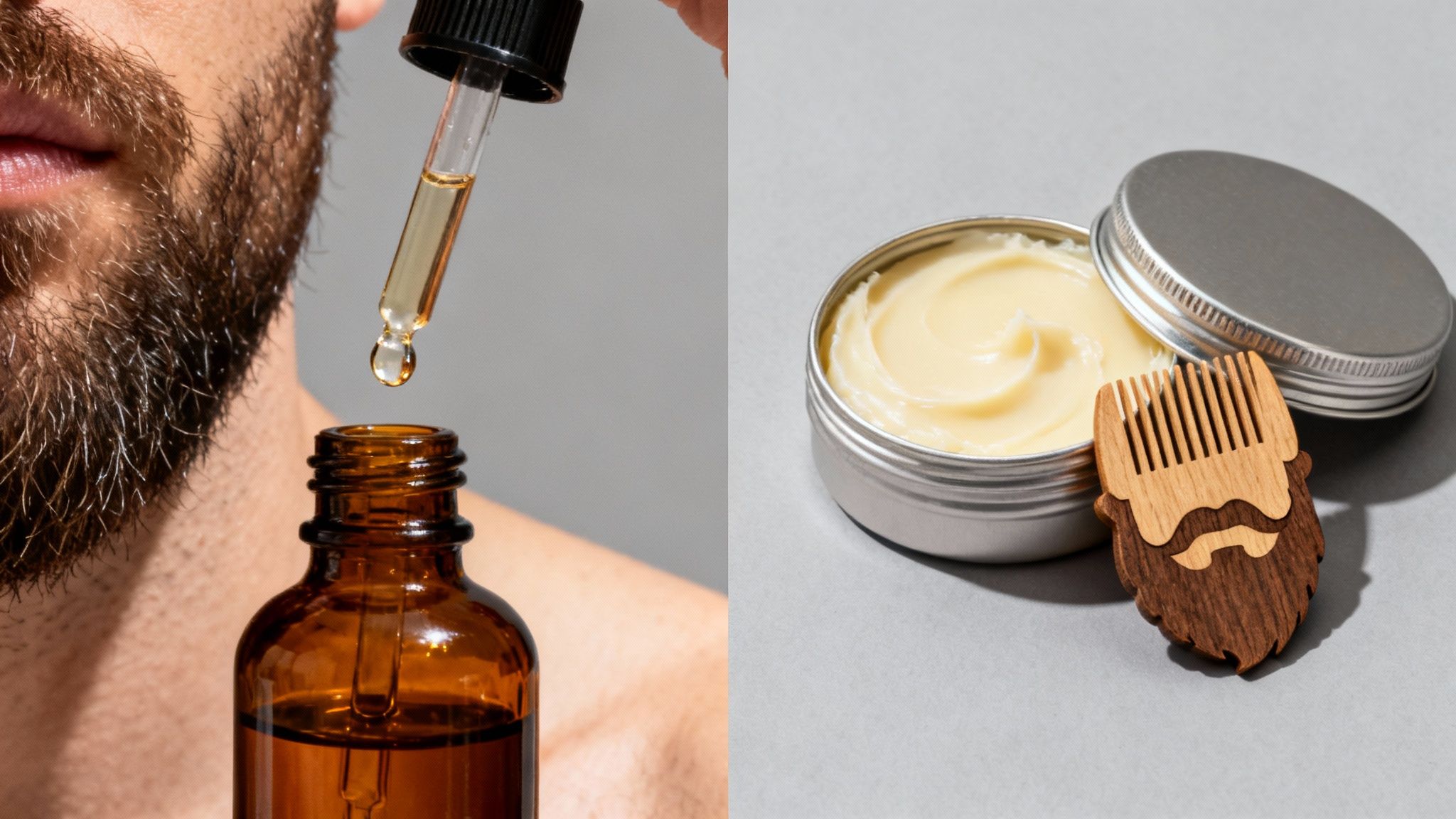Comparison image showing beard oil being applied to a man's beard and a tin of beard balm with a wooden comb.