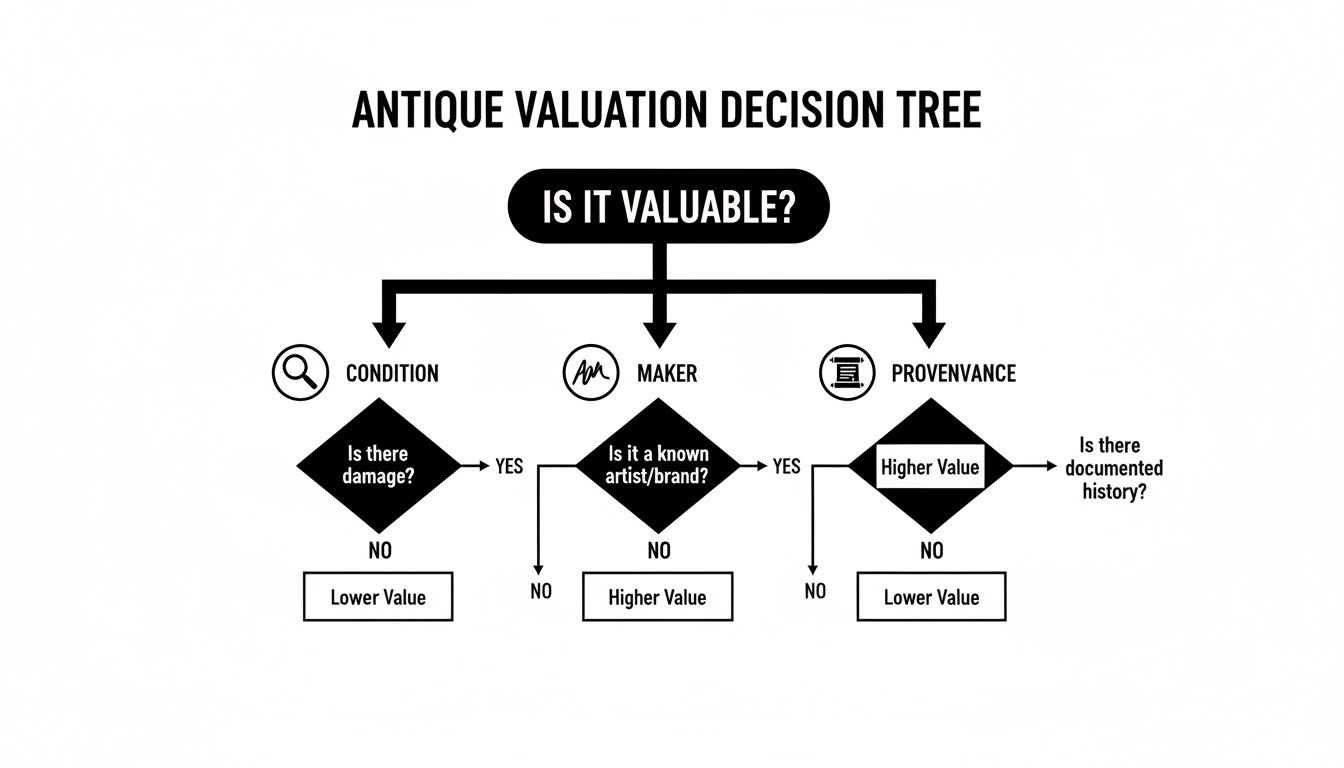 Antique valuation decision tree illustrating factors like condition, maker, and provenance impacting item value for managing deceased estates in Adelaide.