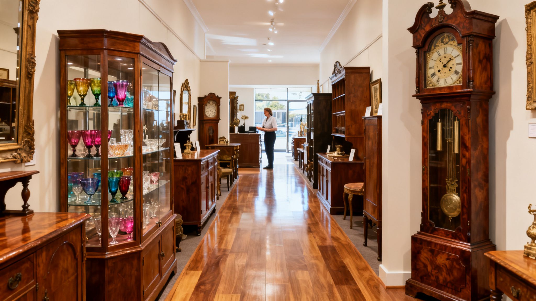 A long hallway in an antique furniture store showcasing various wooden cabinets, display cases, and grandfather clocks, with a person standing in the distance.