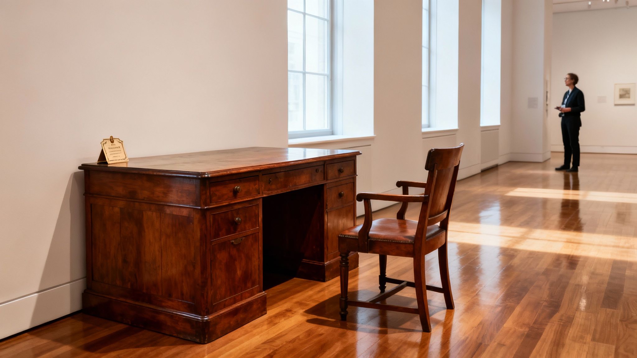 An antique wooden desk and matching leather chair in a bright museum room with a person viewing art.