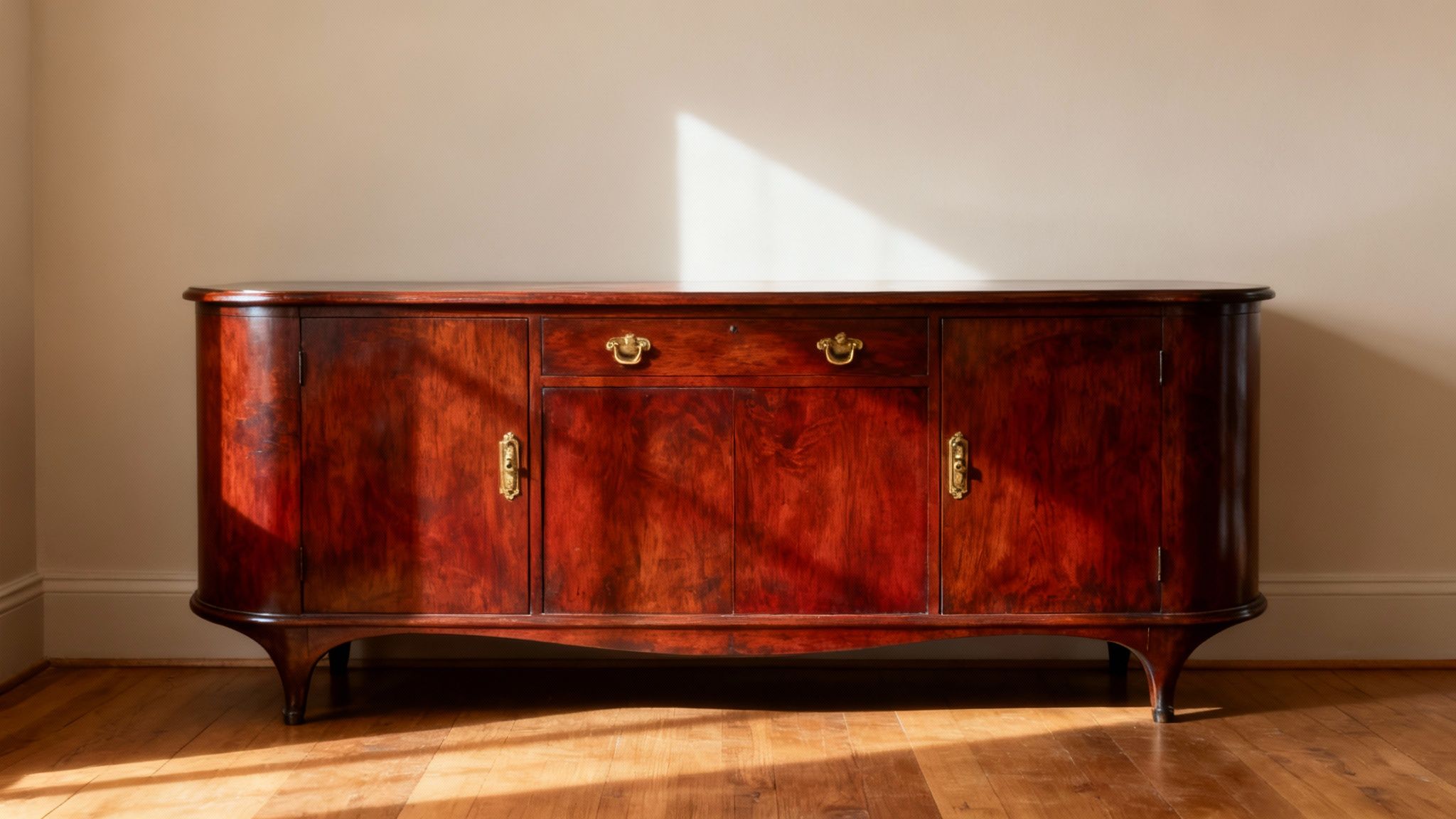 Antique mahogany sideboard with brass handles, showcasing rich wood grain and elegant curved design, ideal for collectors and enthusiasts of vintage furniture.