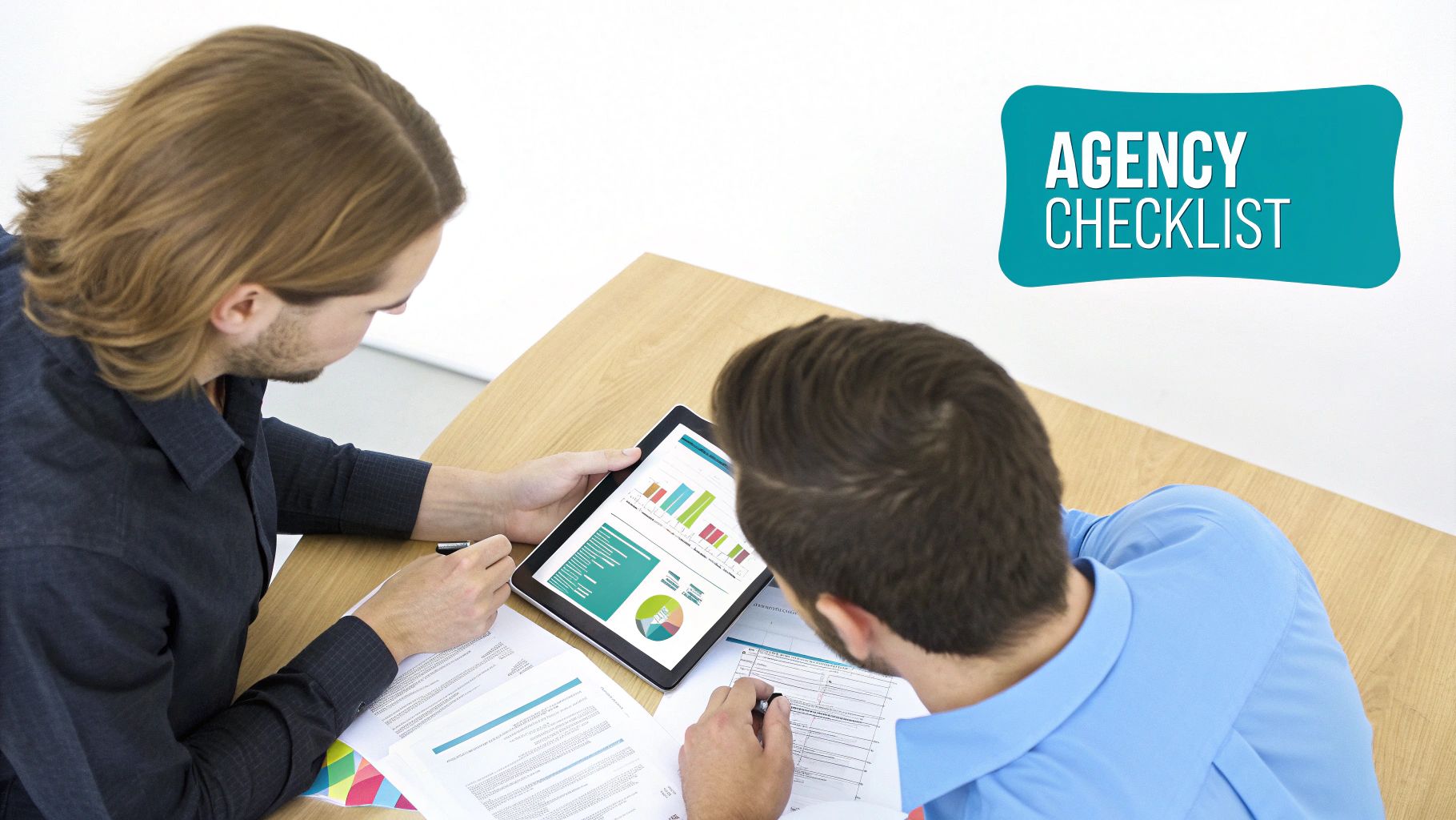 Two men collaborating at a wooden table, reviewing charts and data on a tablet and documents.
