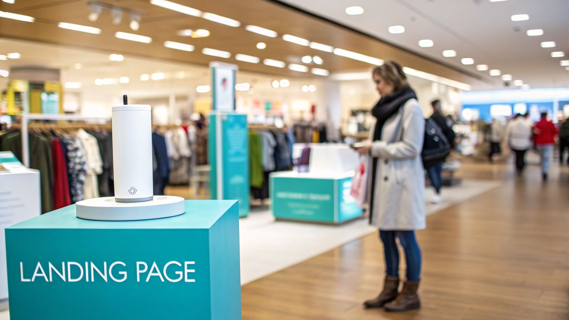 A white cylindrical device on a 'LANDING PAGE' stand in a retail store with a woman shopping.