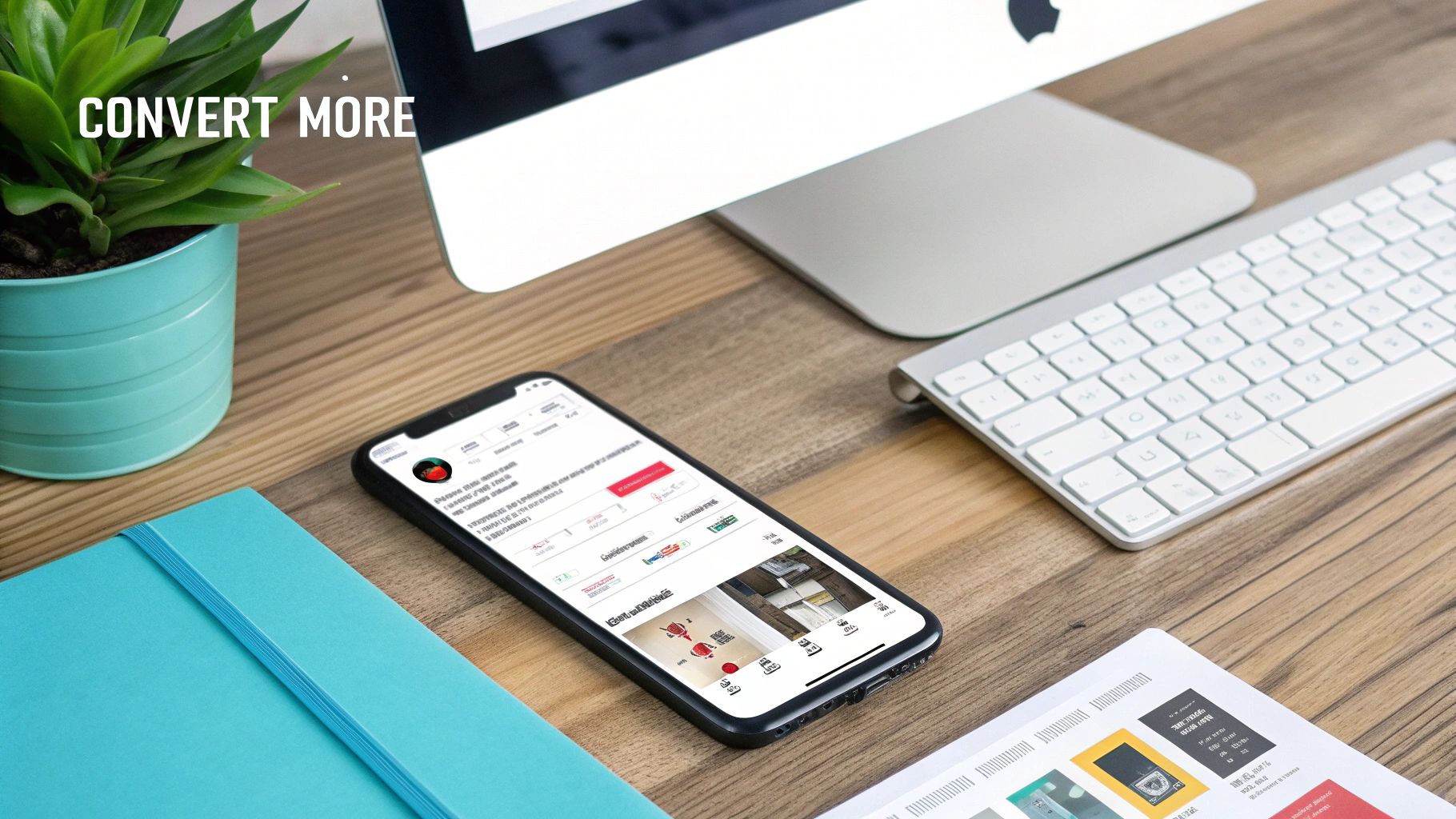 Modern desk setup with MacBook, smartphone displaying a website, keyboard, and plant, representing digital marketing success.