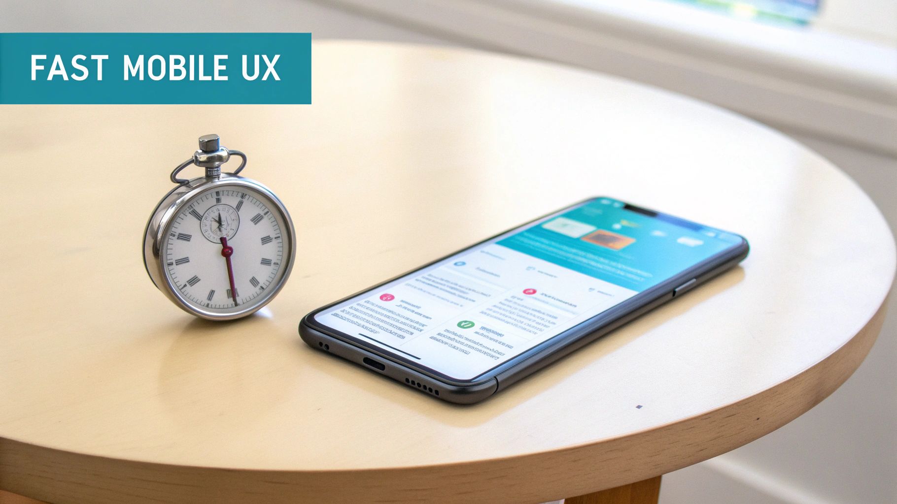 A smartphone displaying a fast mobile user experience next to a classic stopwatch on a wooden table.