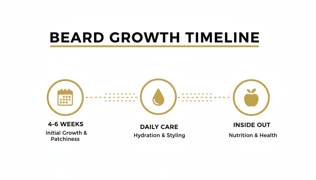 Infographic showing a beard growth timeline with stages: initial growth, daily care, and nutrition.