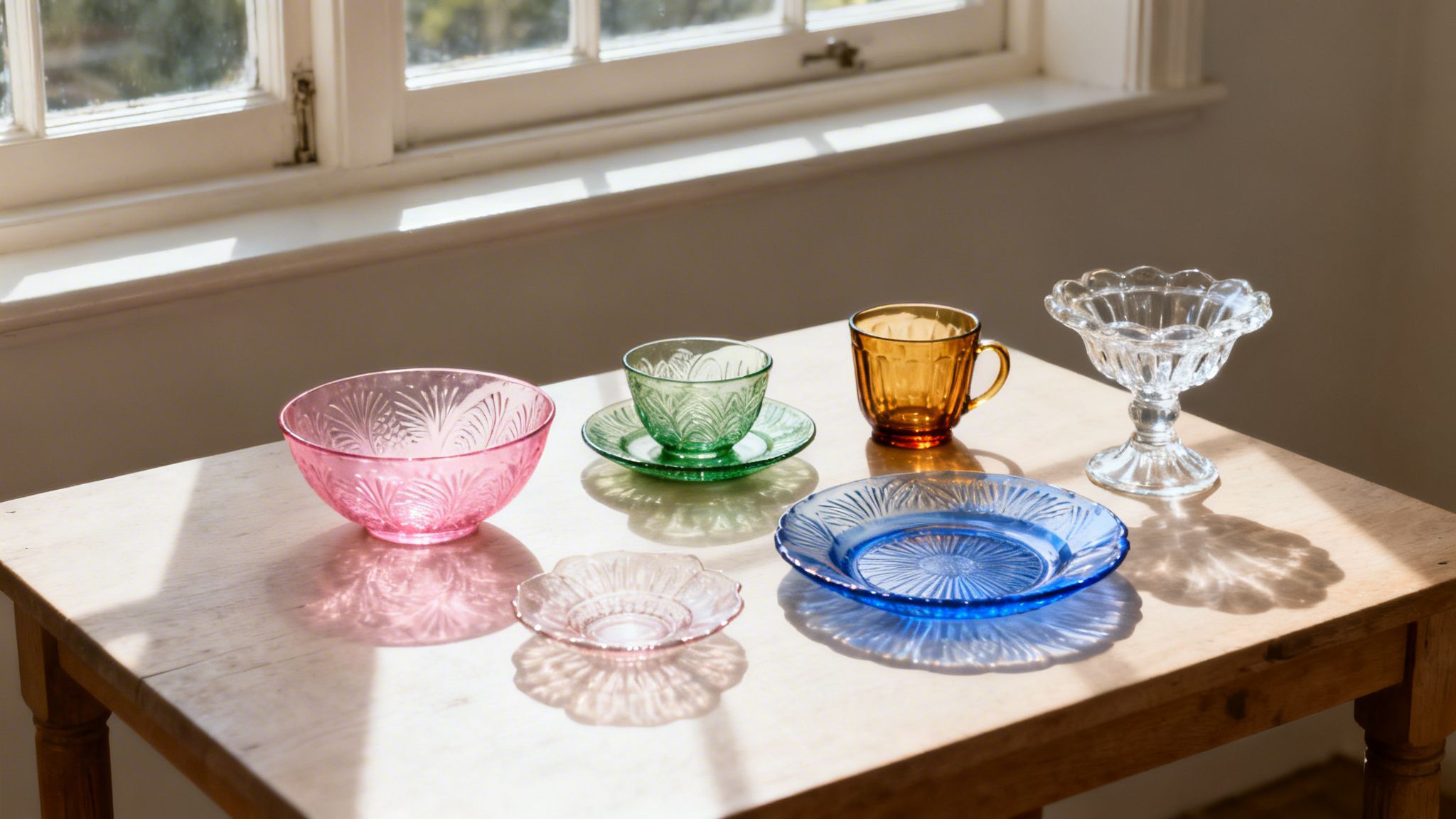 Colorful vintage depression glass dishes, including bowls, cups, and plates, on a sunlit wooden table.