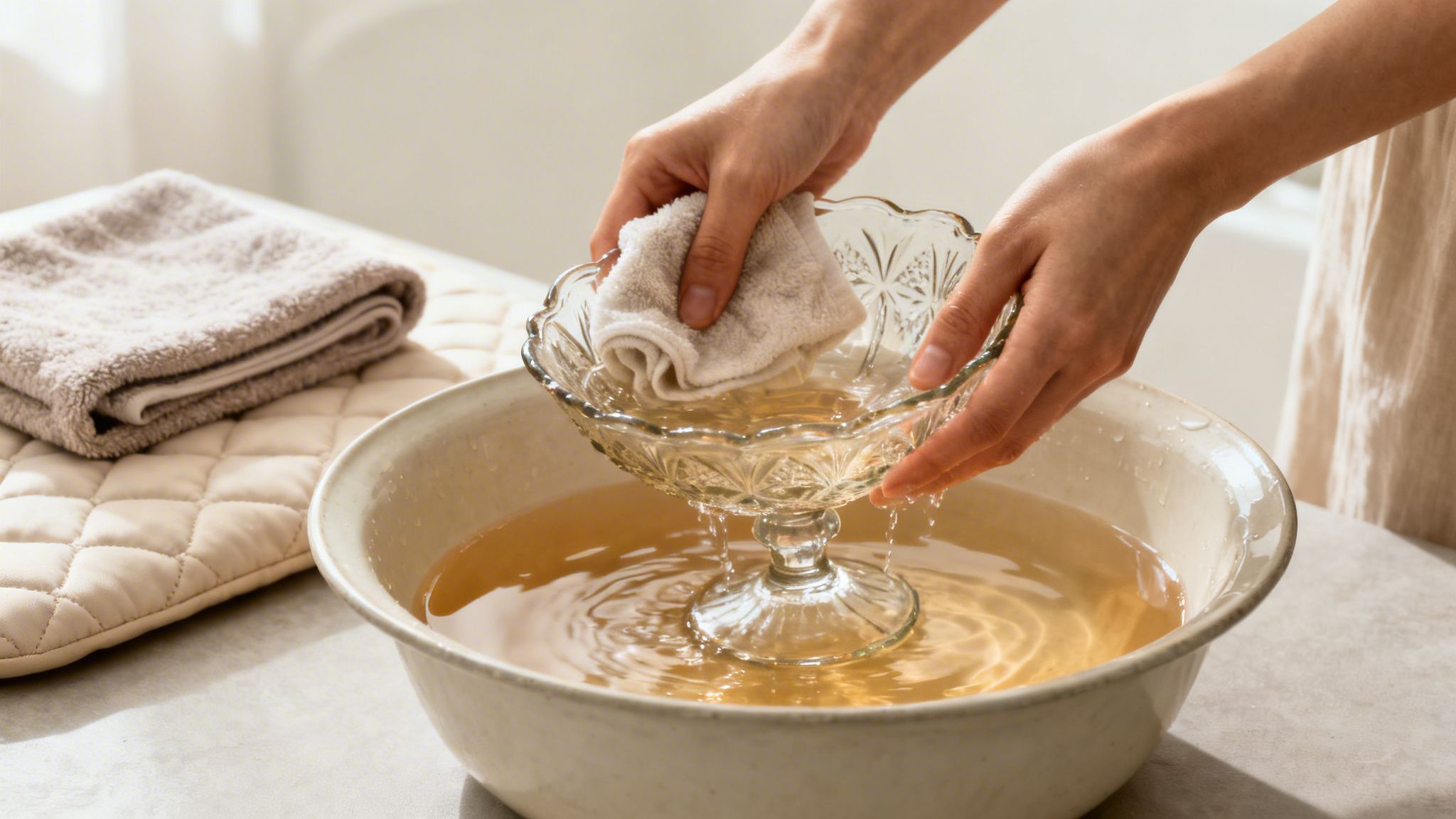 A person carefully washes a delicate patterned glass bowl with a cloth in a basin of water.