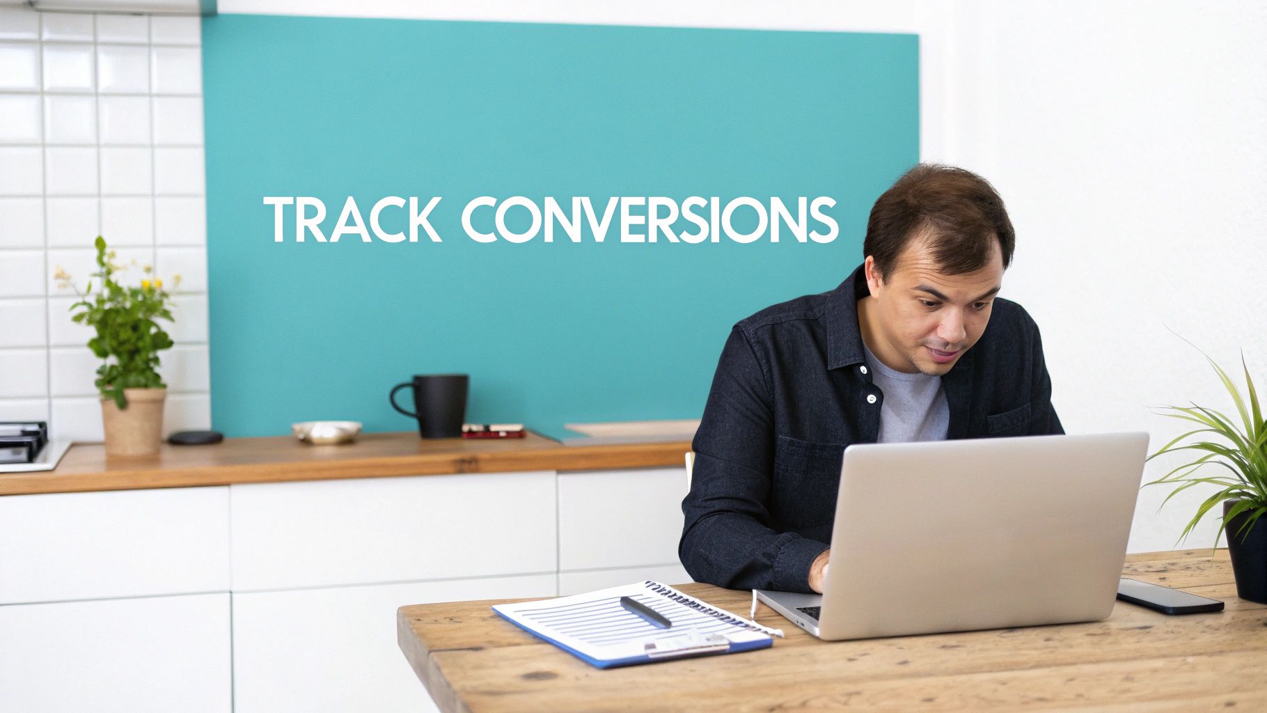 A man is intently working on a laptop with 'TRACK CONVERSIONS' written on the teal wall behind him.