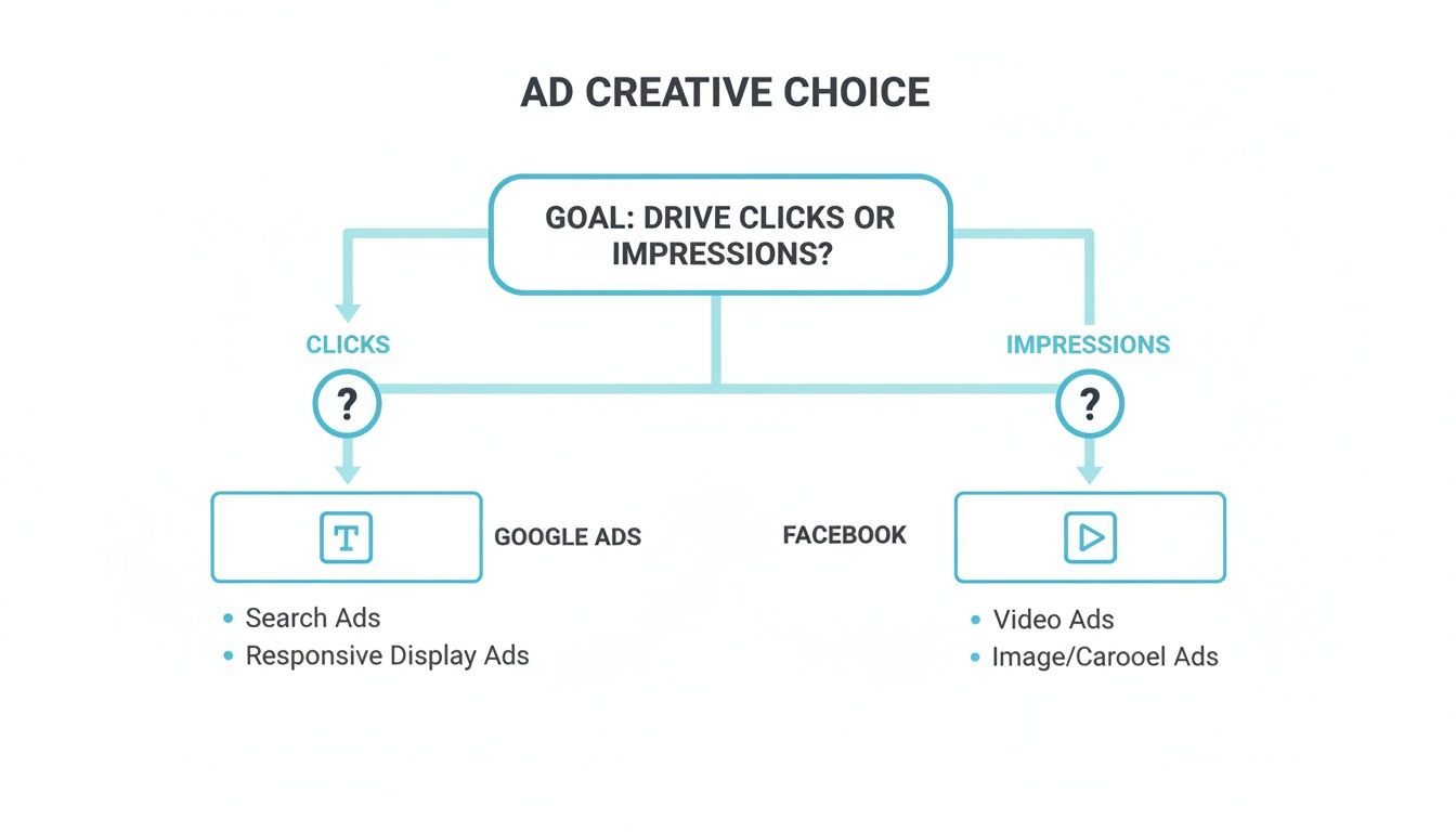 Flowchart guiding ad creative choice based on goal: clicks for Google Ads, impressions for Facebook.