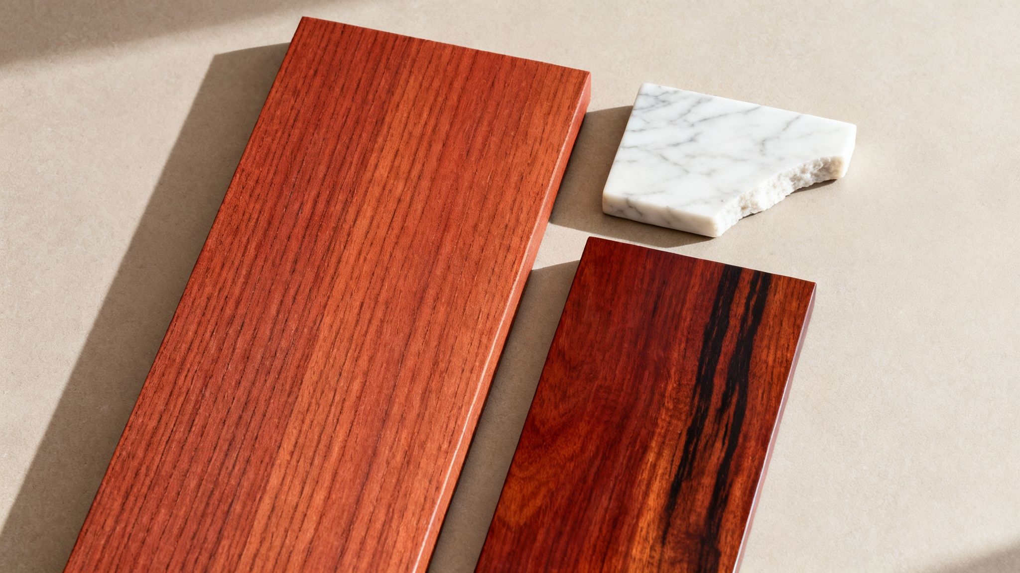 Reddish wood planks and white marble sample pieces with shadows on a beige surface.
