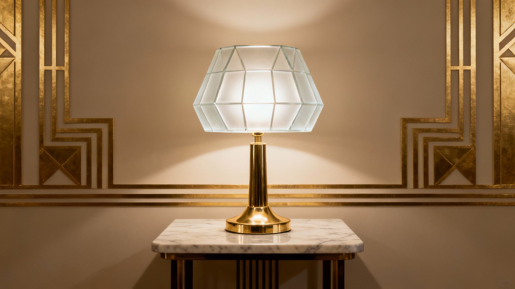A glowing Art Deco lamp with a faceted shade on a marble table against a gold geometric wall.