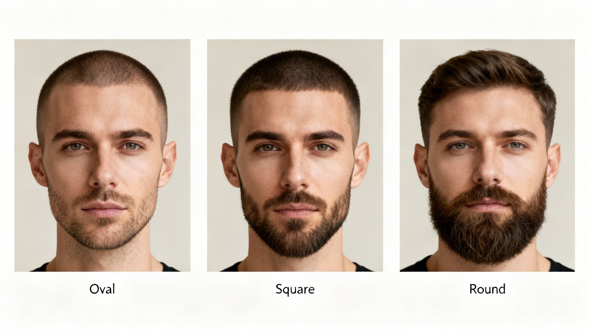 Three men showcase different buzz cuts and beard styles tailored for oval, square, and round face shapes.