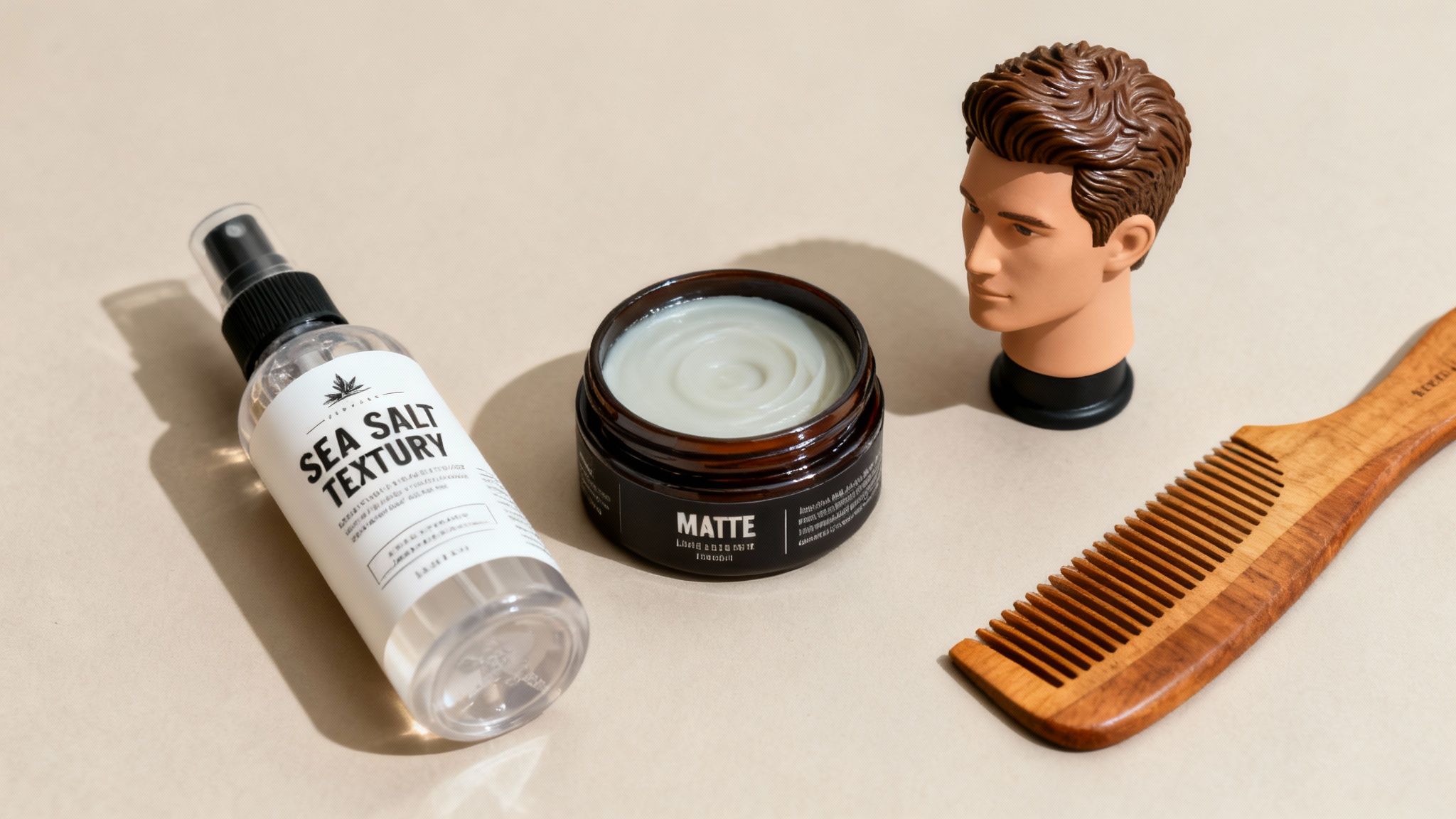 A flat lay of men's hair styling products including sea salt spray, matte pomade, a mannequin head, and a wooden comb.