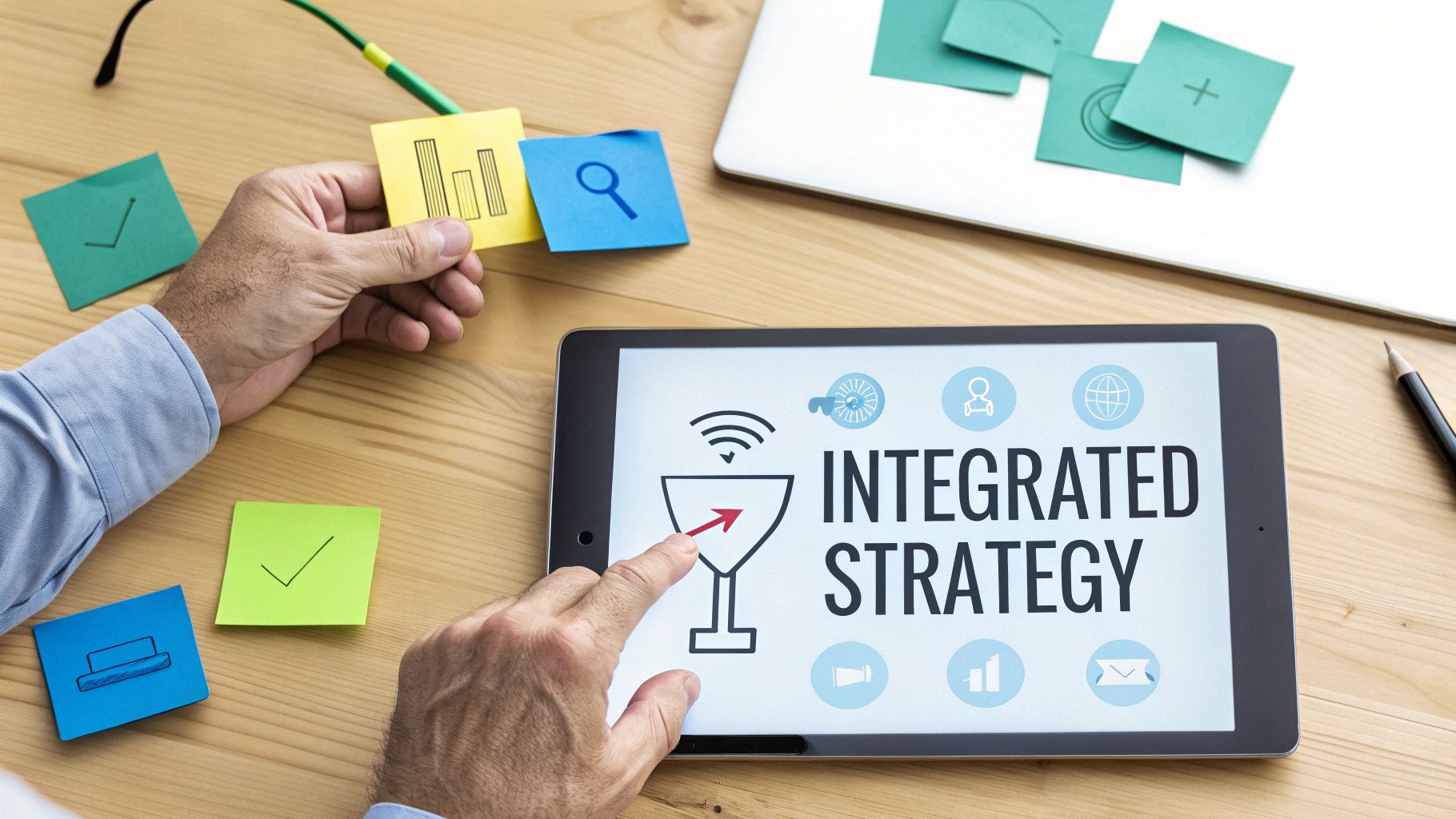 Person's hands working with sticky notes and a tablet displaying an integrated strategy concept.