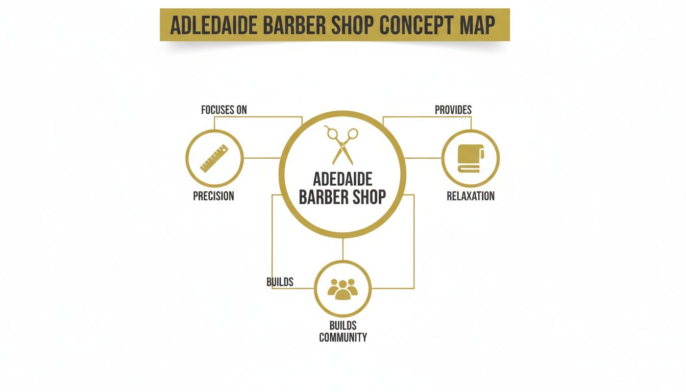 A concept map for Adledaïde Barber Shop, highlighting its focus on precision, relaxation, and building community.