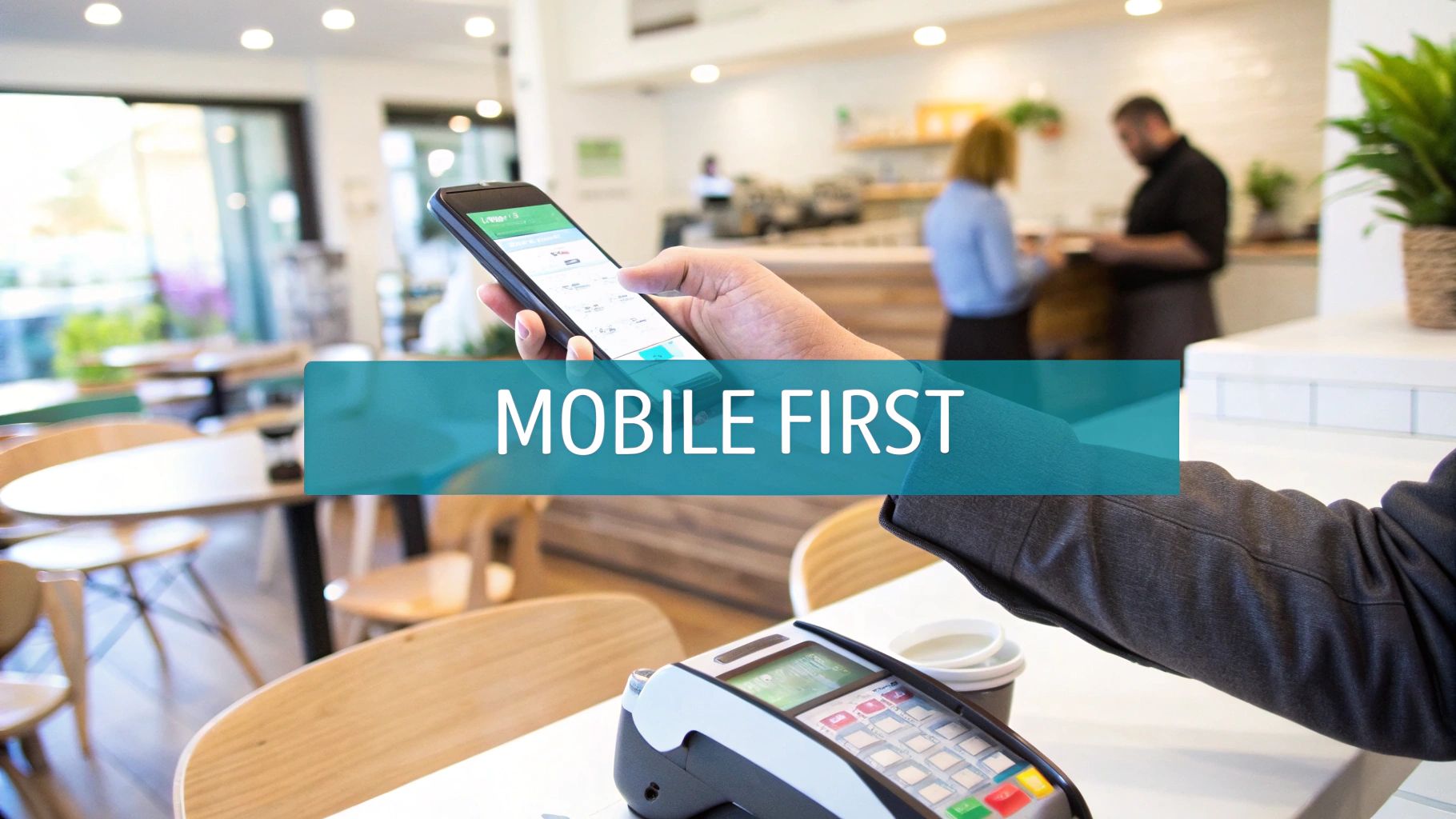 A hand holds a smartphone displaying an app, positioned above a payment terminal in a cafe, signifying mobile first.