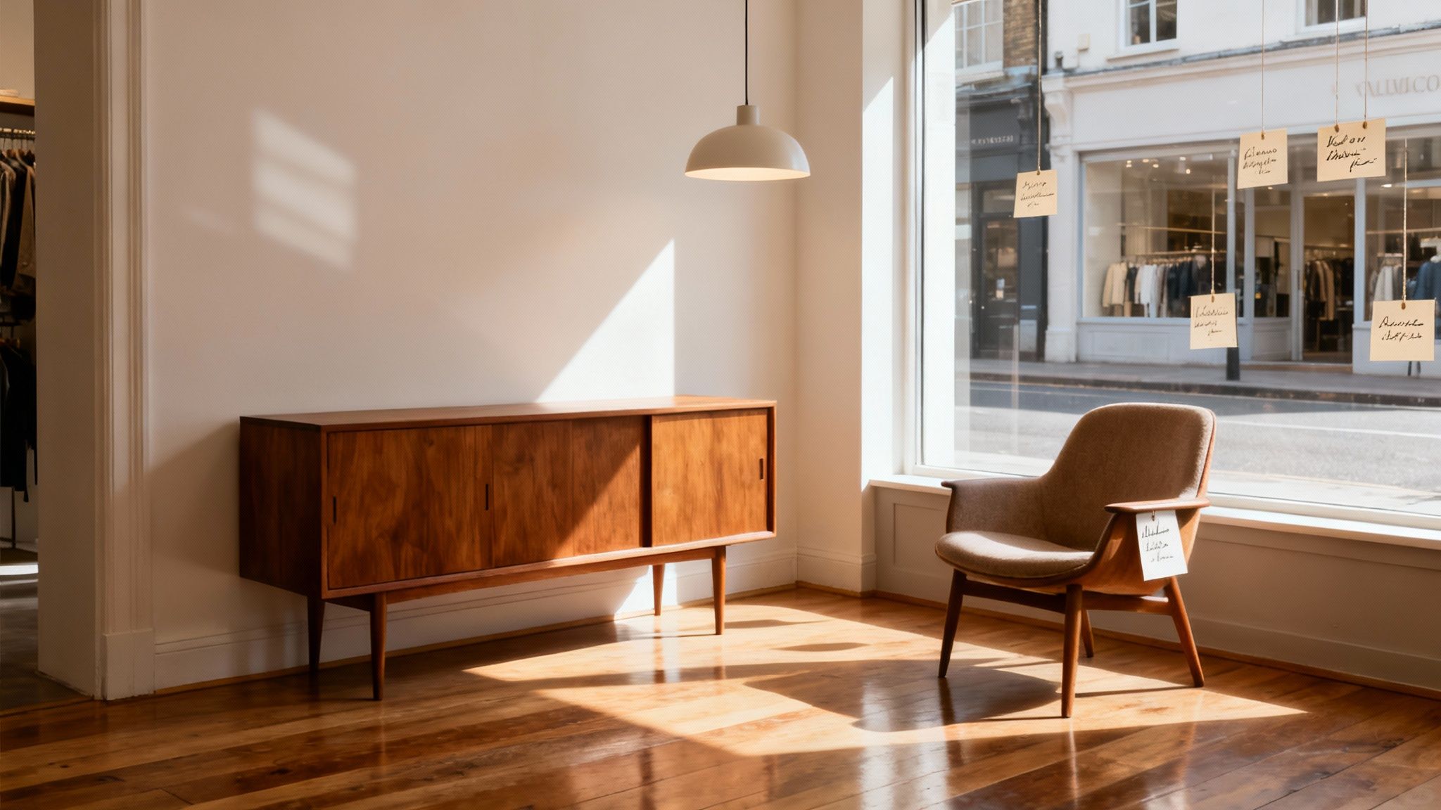 A bright mid-century modern furniture store interior featuring a wooden credenza, armchair, and sunlit floor.