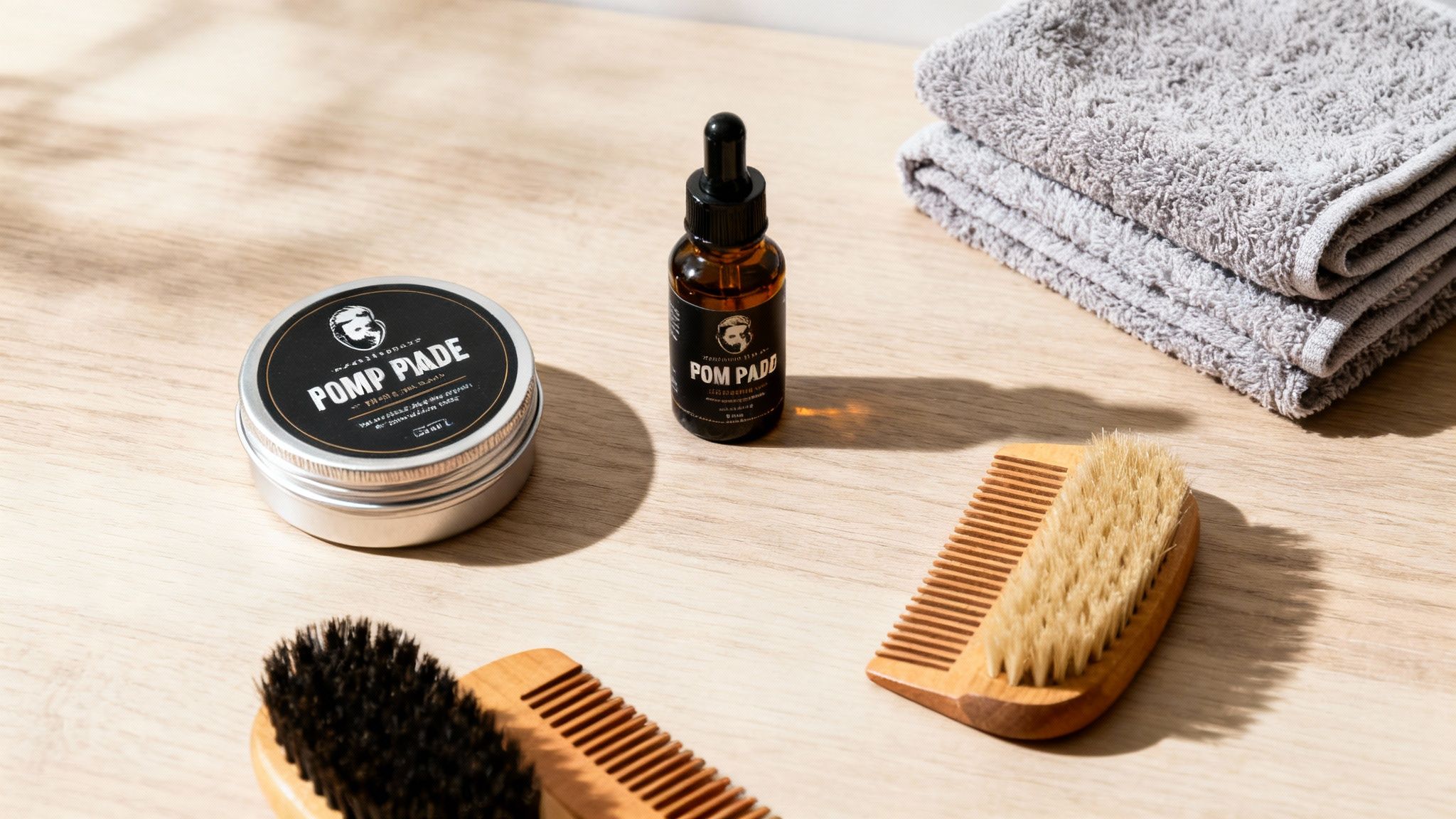 A collection of men's grooming products including pomade, beard oil, brushes, and towels on a wooden table.