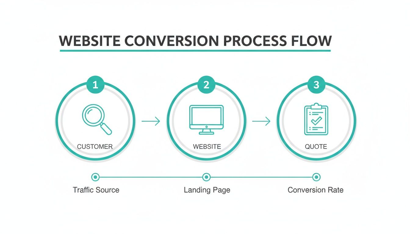 Flowchart illustrating the website conversion process, from traffic source to landing page and successful quote.