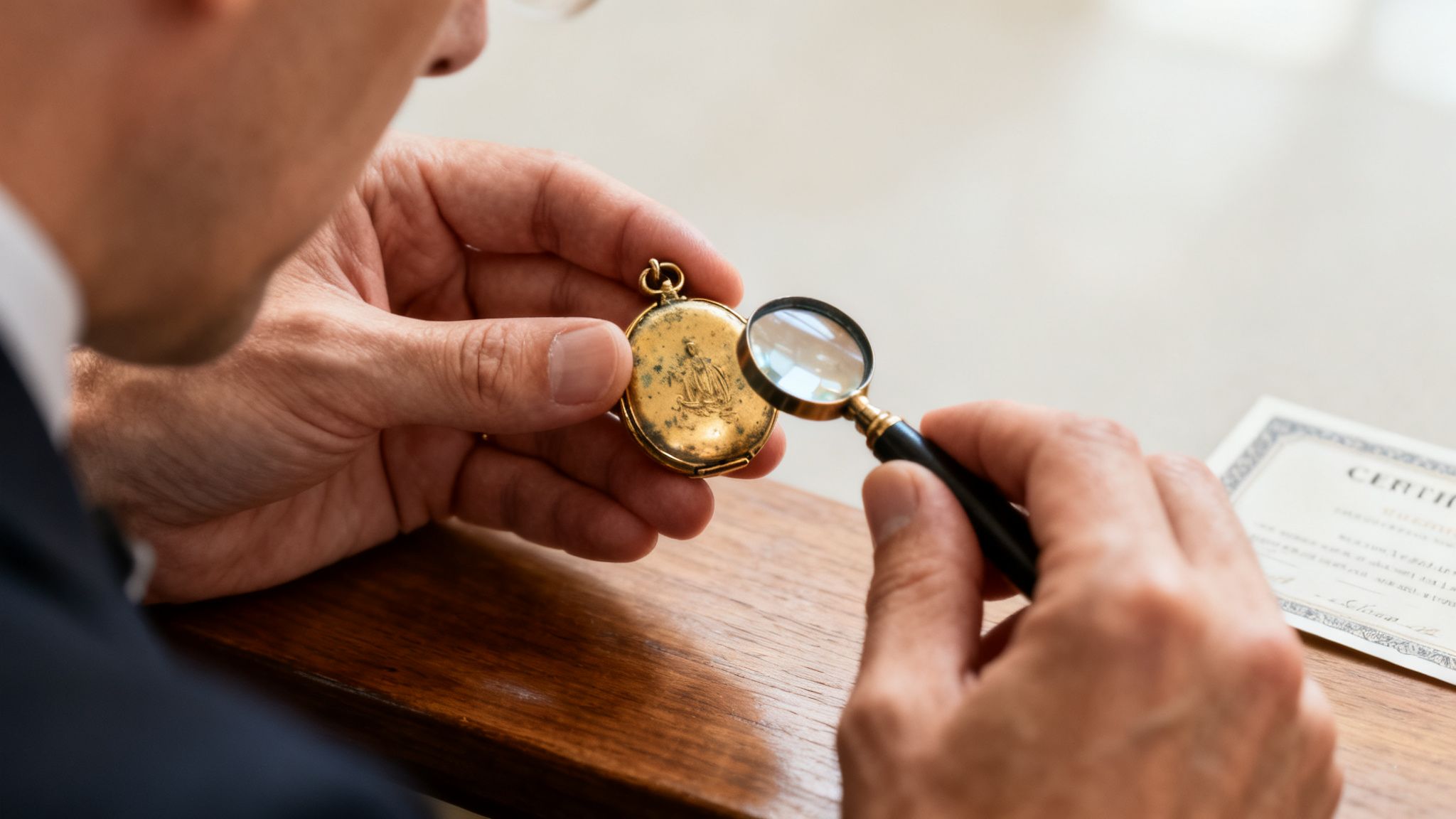 A person meticulously examines an antique golden locket with a magnifying glass for a jewellery valuation.